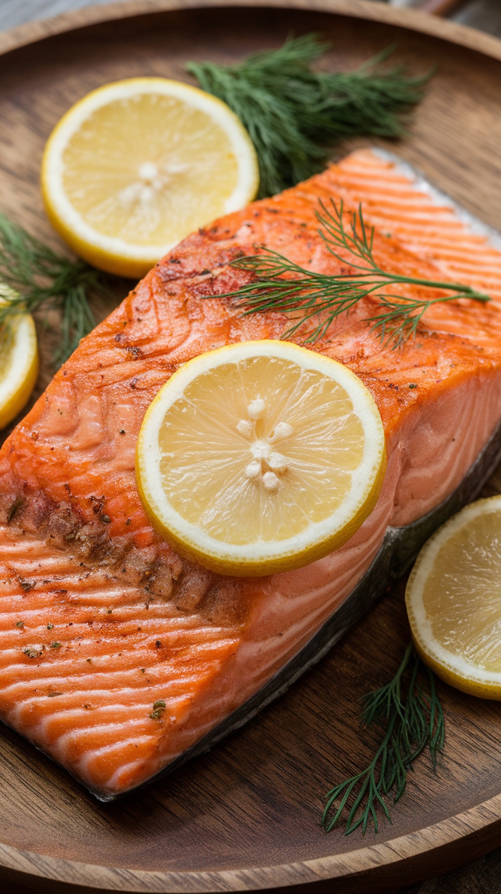 Grilled salmon with lemon and dill garnishes on a wooden plate.