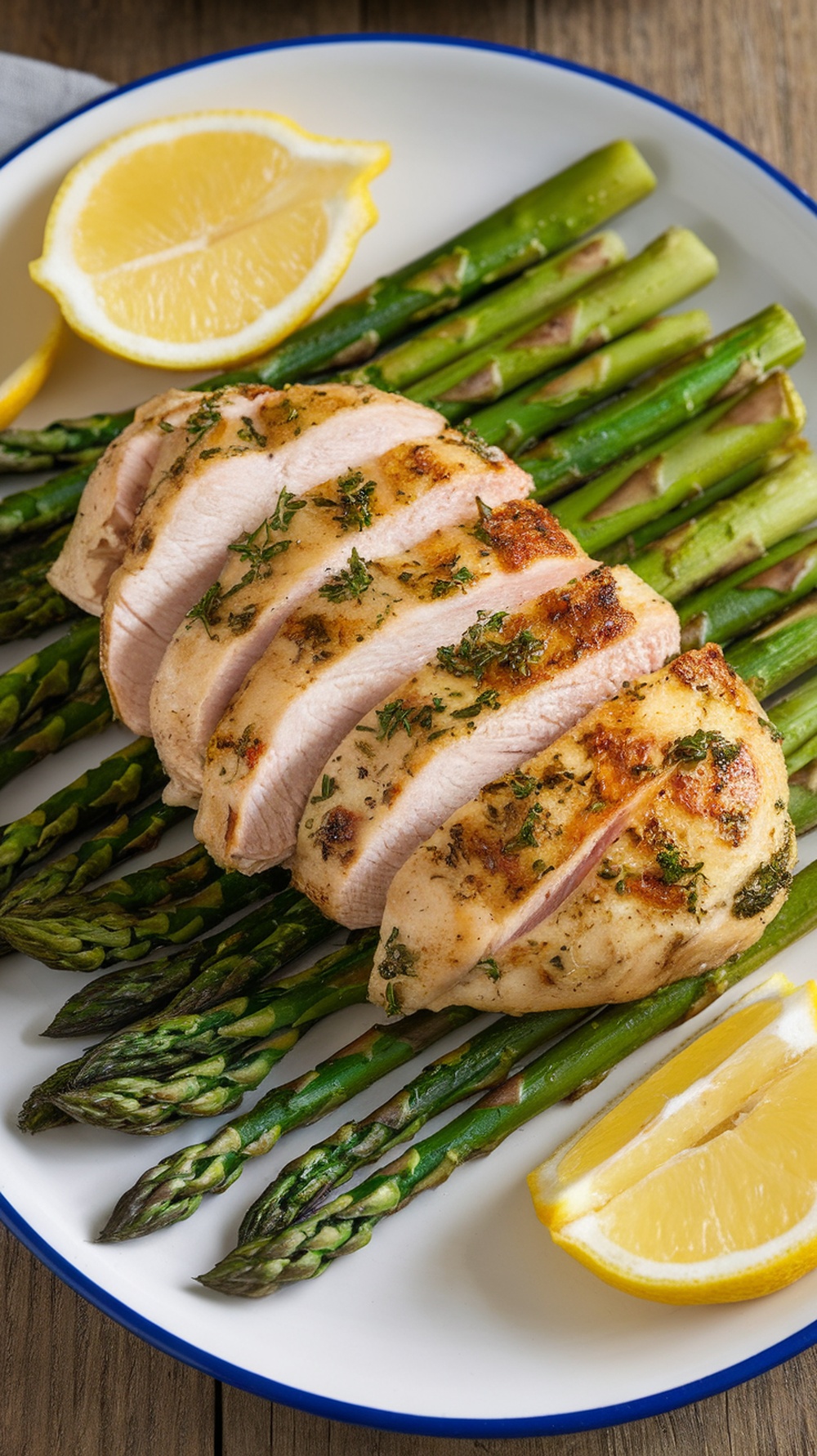 Grilled lemon herb chicken served with asparagus and lemon wedges