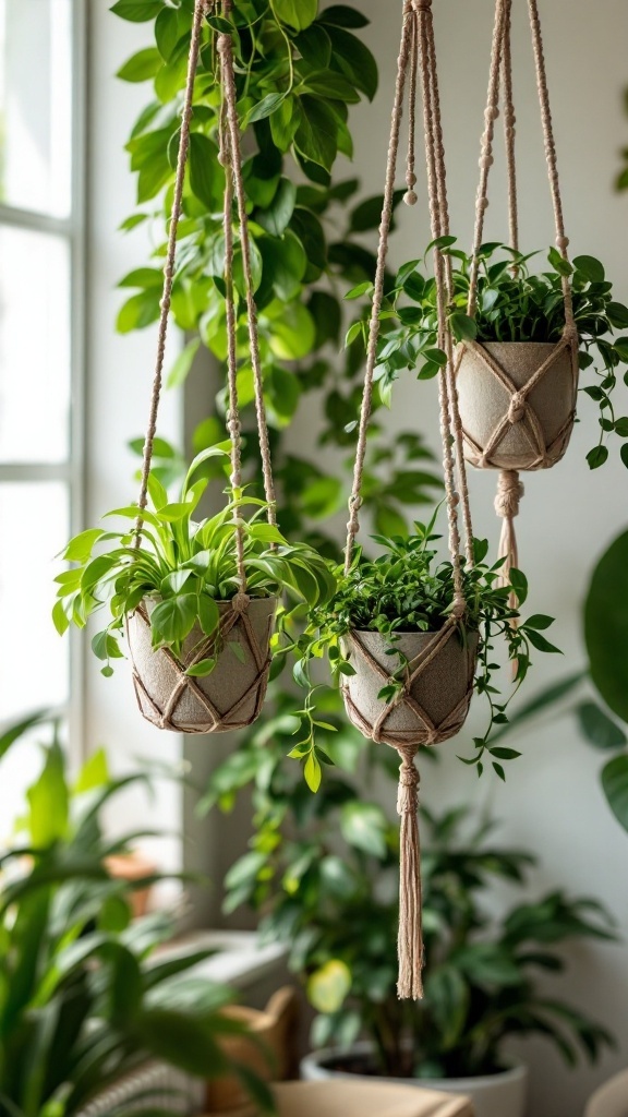Three hanging beaded planters with green plants in a bright indoor space