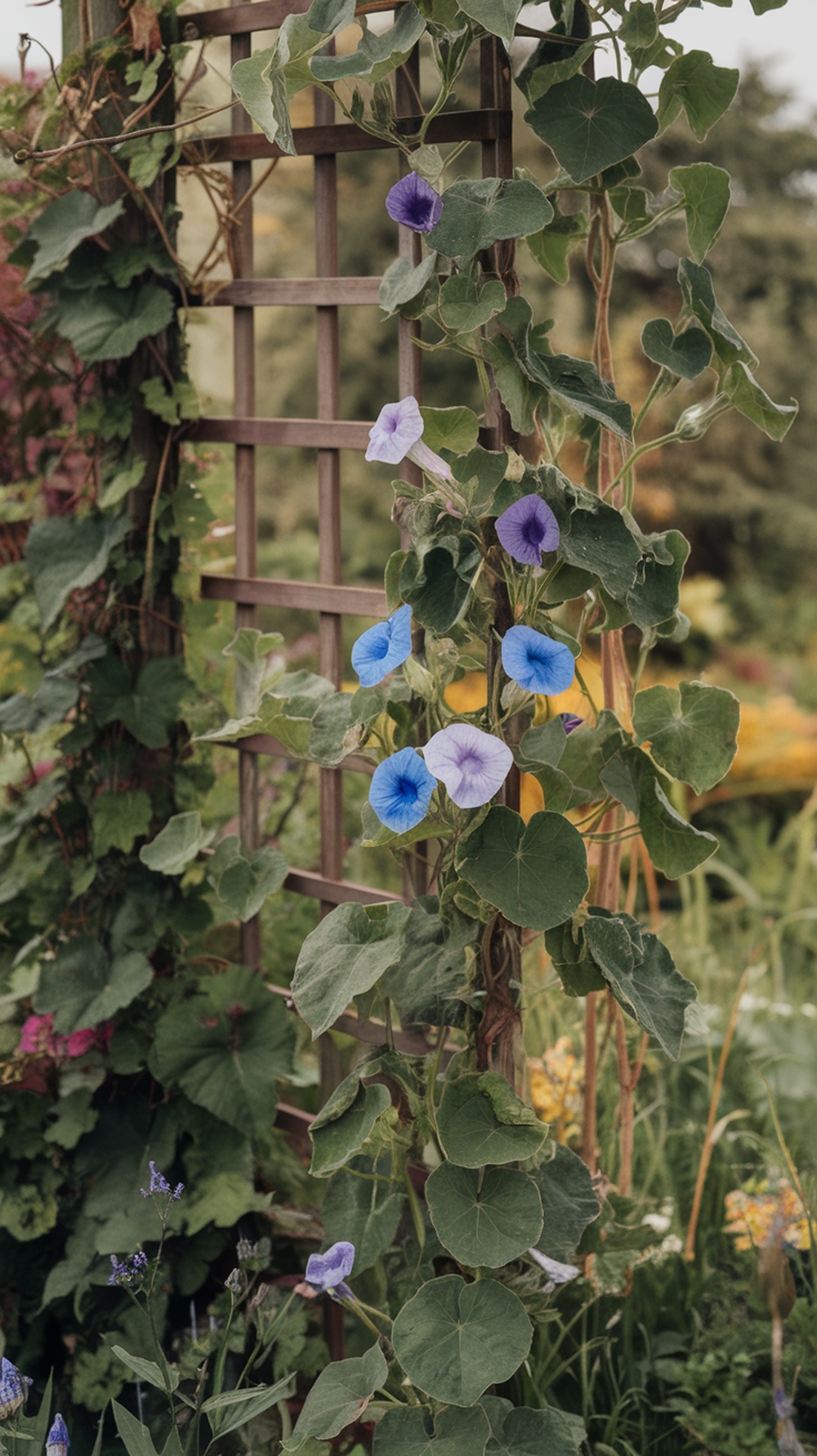 Vibrant blue and purple Hardy Ground Morning Glory flowers climbing on a wooden trellis.