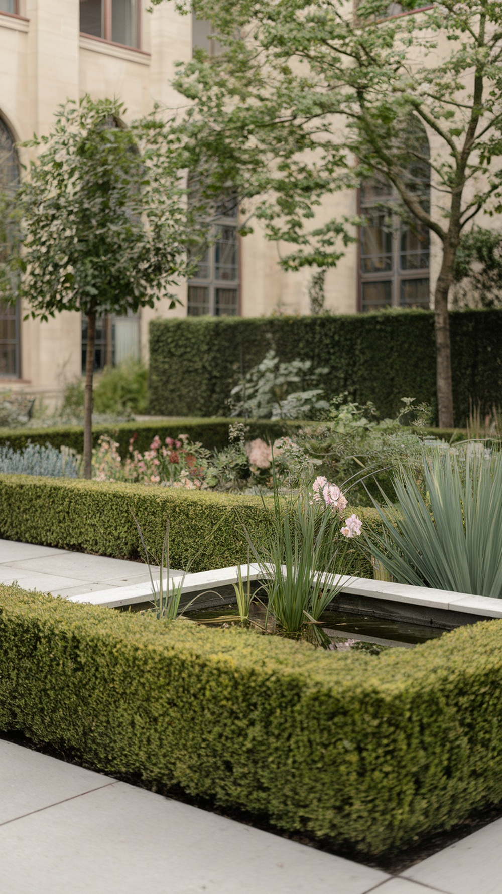 A neat garden with carefully trimmed hedge barriers, lush greenery, and blooming flowers.