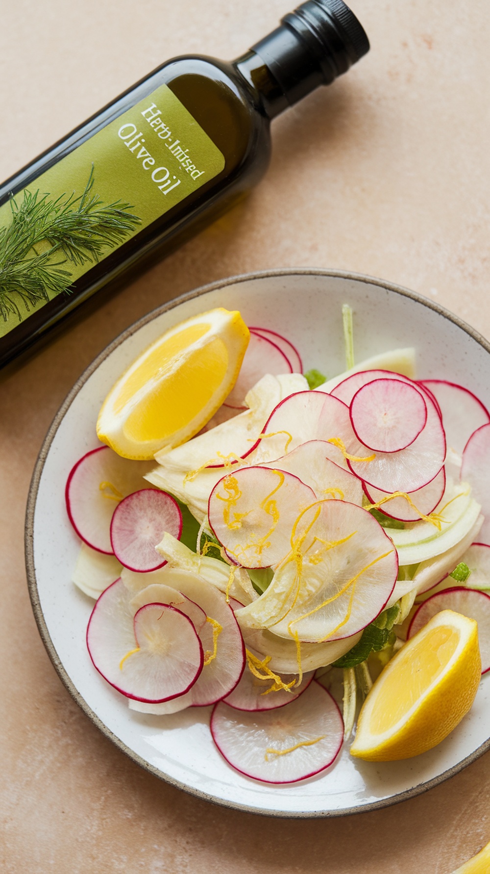 A bowl of fresh radish and fennel salad with lemon slices and a bottle of herb-infused olive oil.