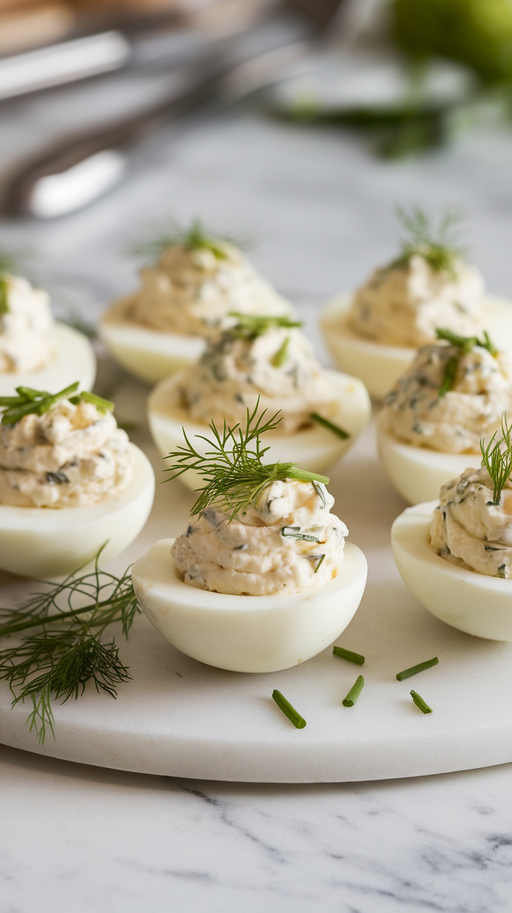 Herbed cream cheese deviled eggs on a marble platter.