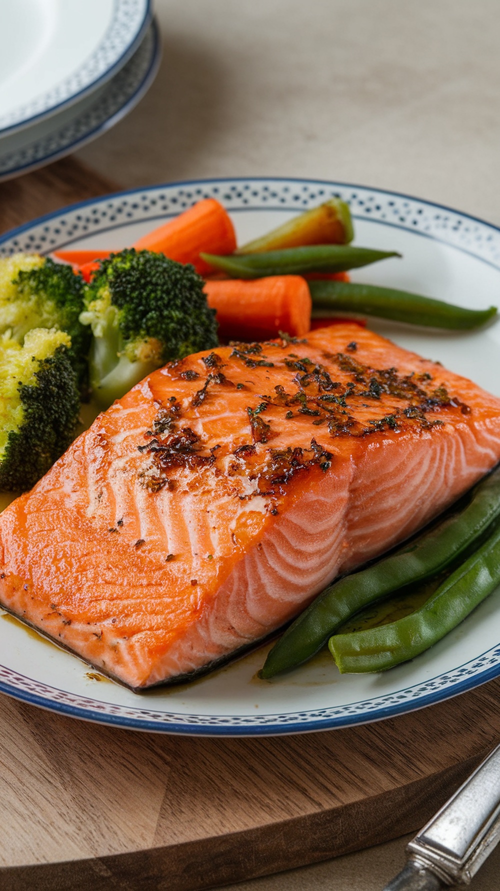 A beautifully cooked salmon fillet glazed with honey garlic sauce, surrounded by colorful vegetables.