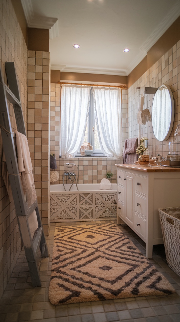 A cozy bathroom featuring a stylish rug, enhancing the space.