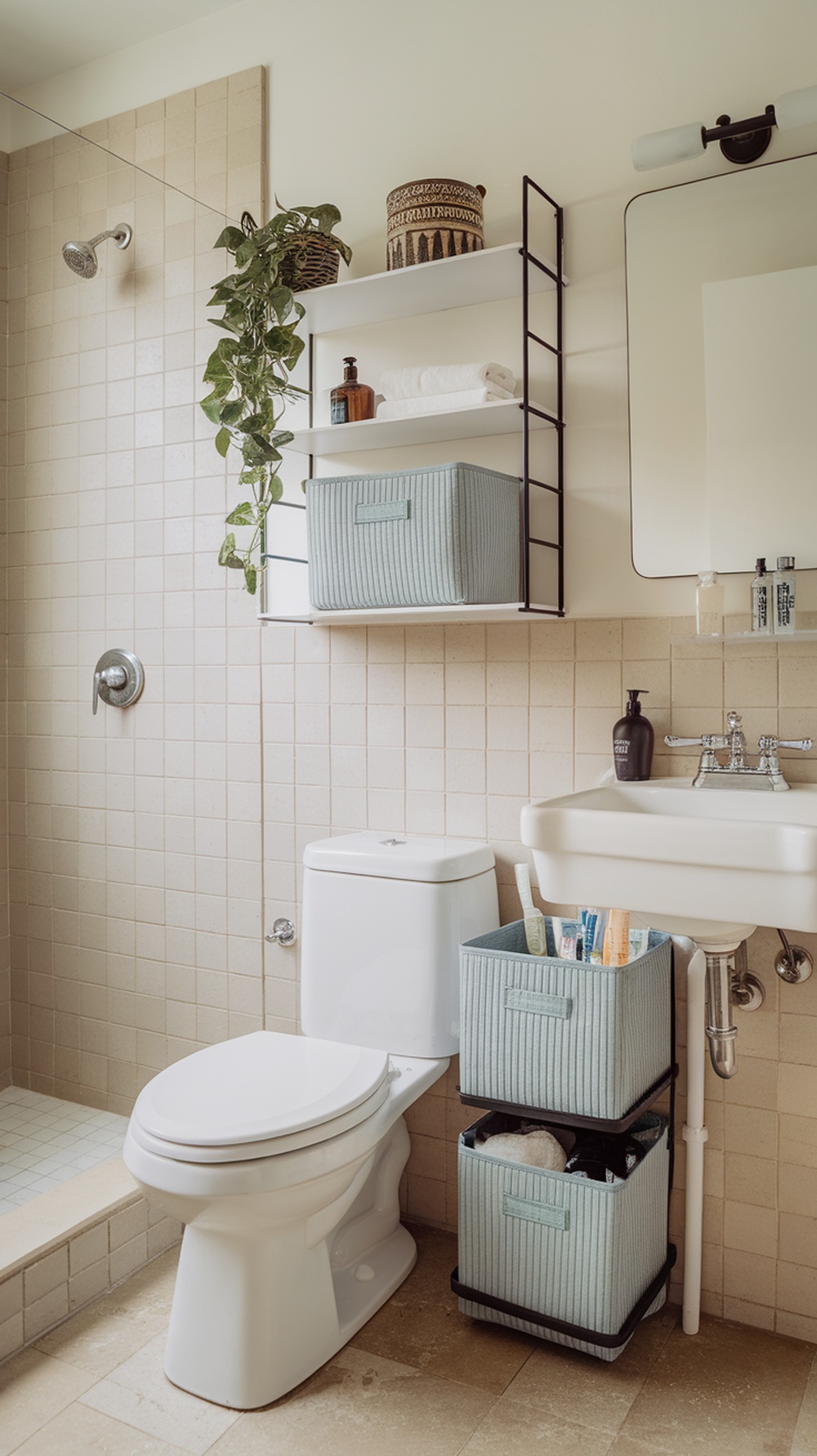 A bathroom with stylish storage bins beneath the sink and on shelves.