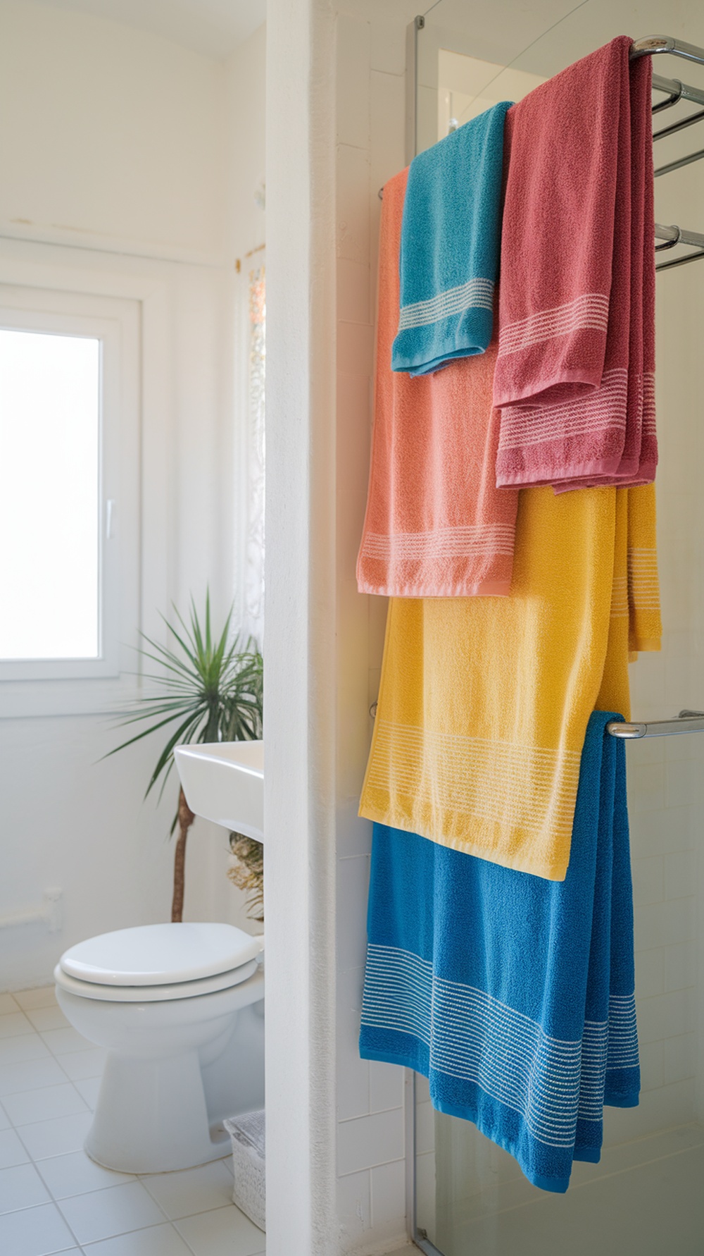 A collection of vibrant towels hanging in a bathroom.