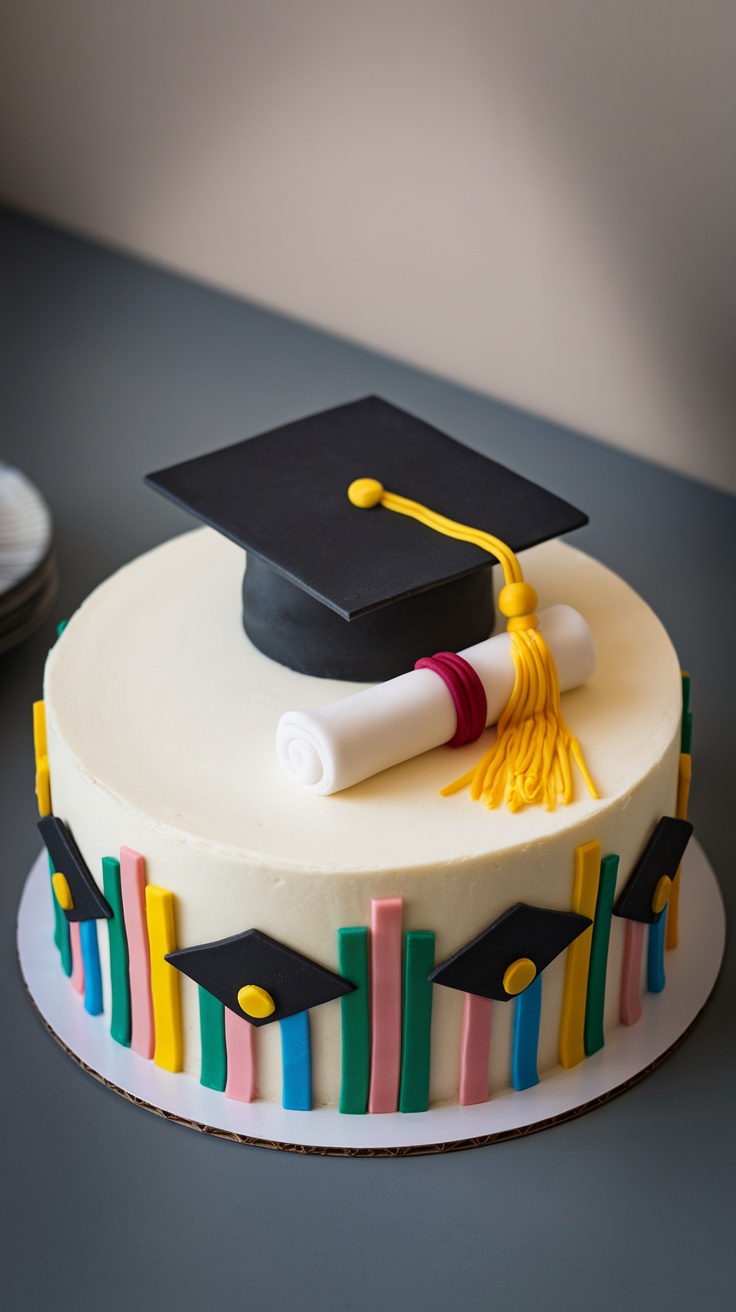 A colorful graduation cake with motivational quote and fresh berries.