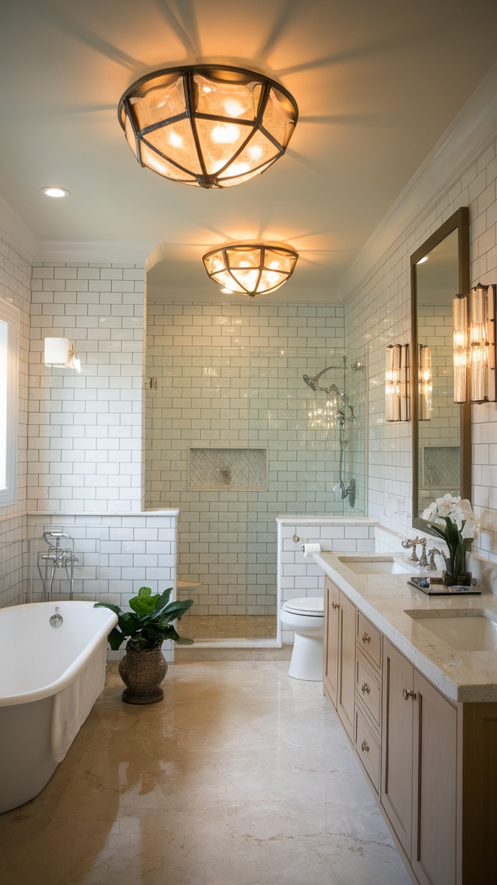 A modern bathroom with stylish lighting fixtures.