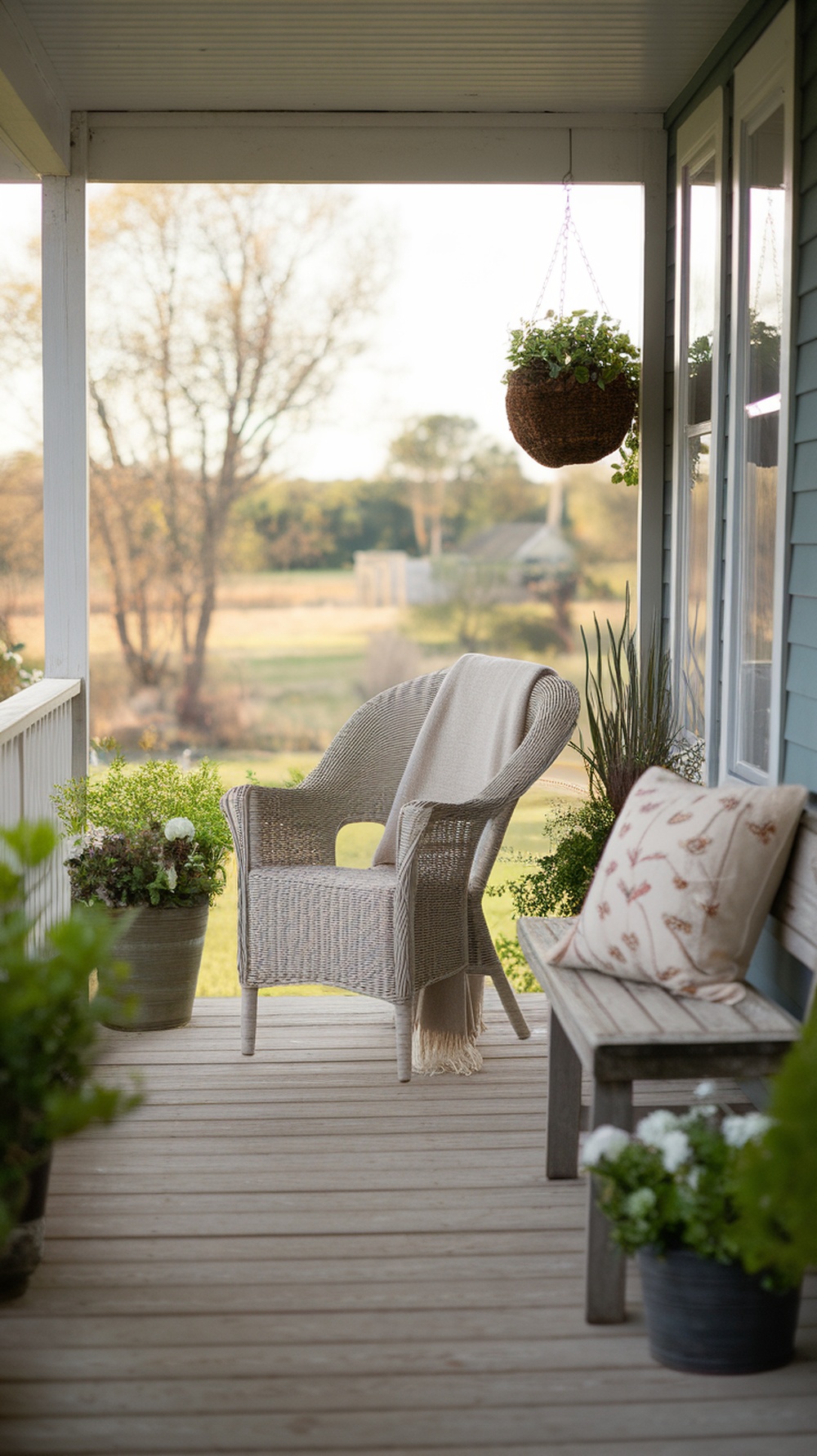 A cozy porch with a wicker chair, soft throw, and decorative pillows surrounded by plants.