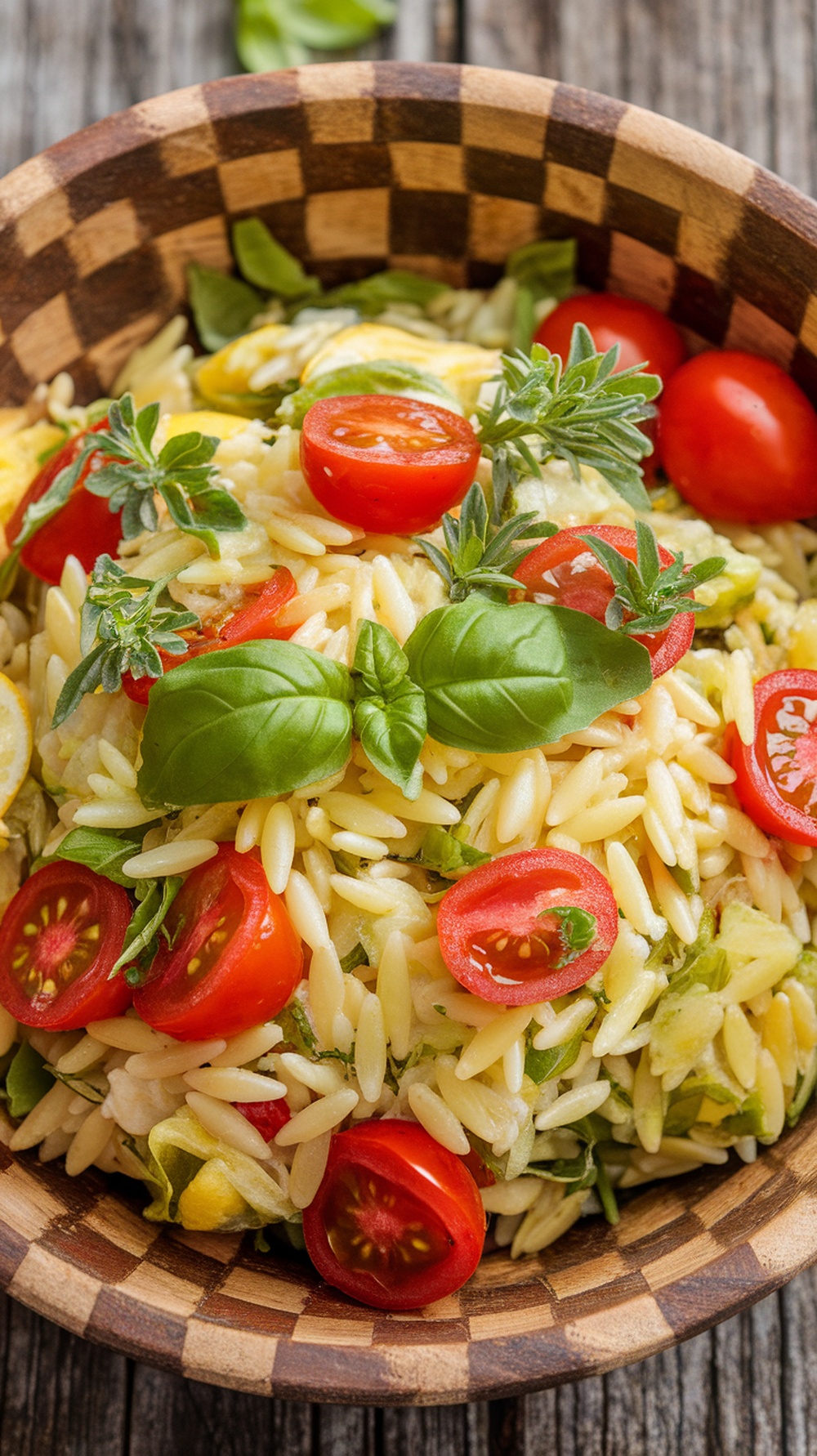 A wooden bowl filled with Lemon Basil Orzo Salad featuring orzo pasta, cherry tomatoes, and fresh basil.