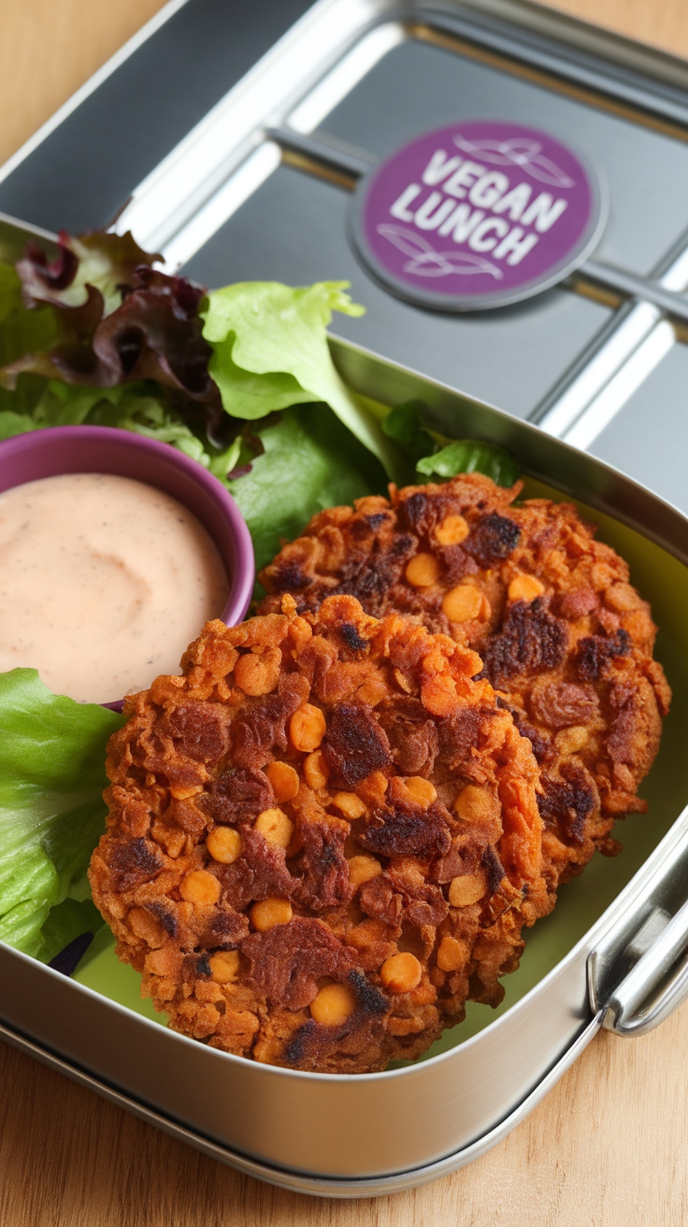 A lunch box containing lentil and sweet potato patties, lettuce, and a dipping sauce.