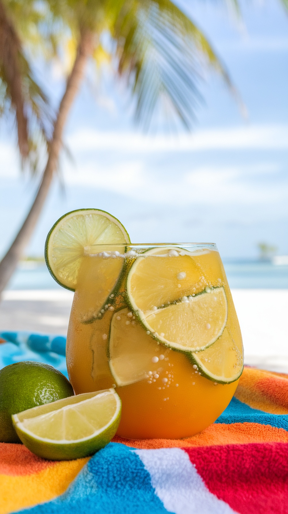 A refreshing Mango Lime Bubble Bliss drink in a glass with lime slices, set against a beach background.