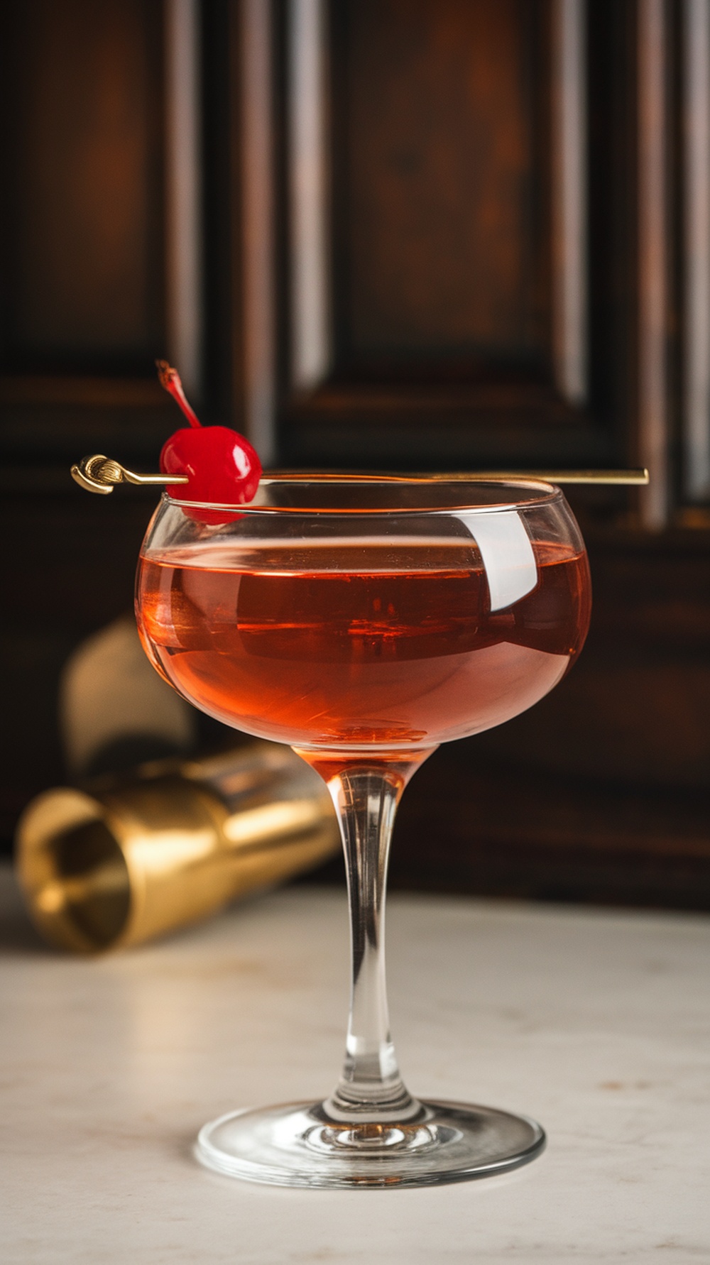 A classic Manhattan cocktail garnished with a cherry in a stylish glass.