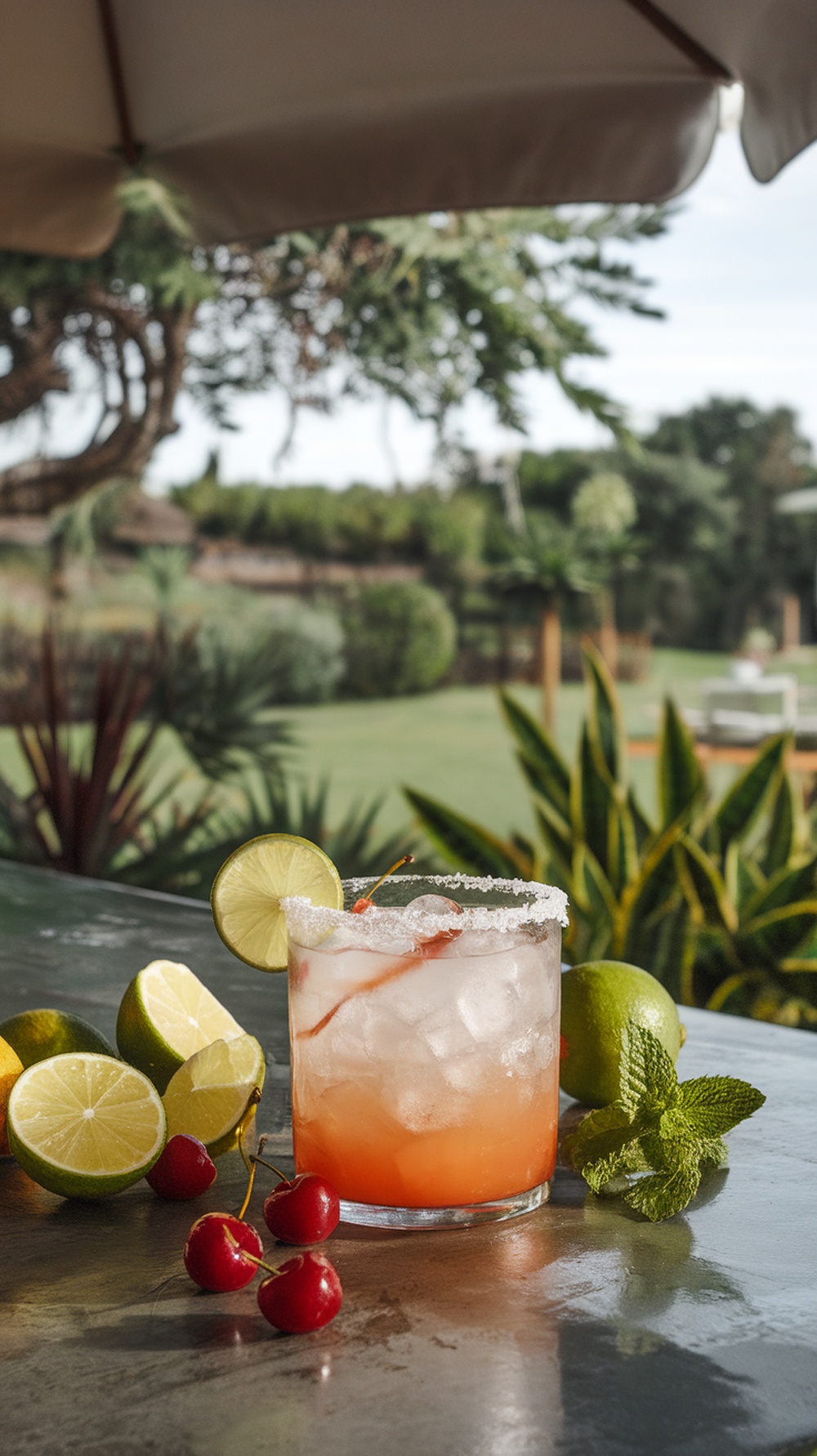 A Margarita on the Rocks with lime and cherries