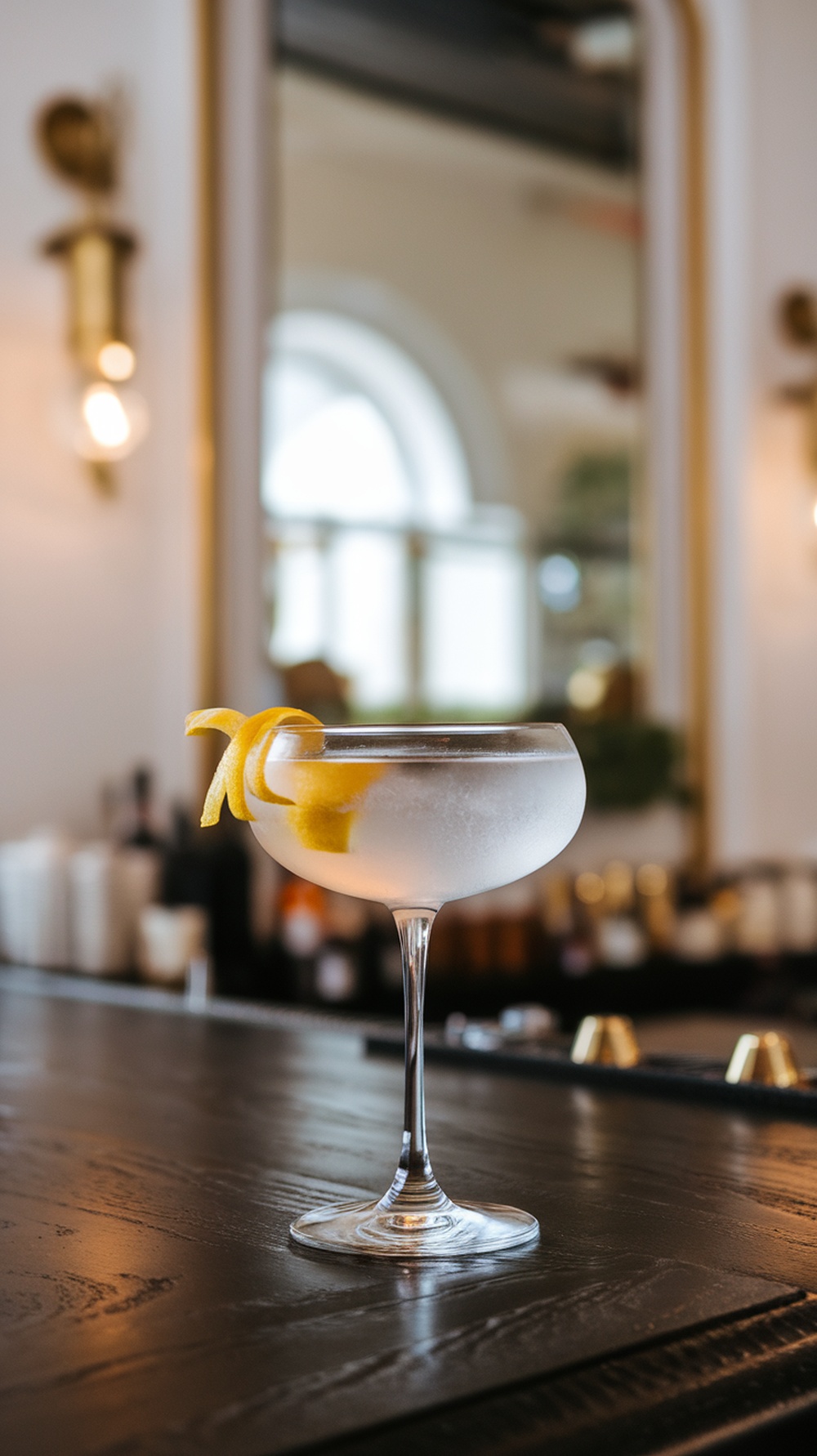 A classic Martini garnished with a lemon twist in a stylish glass.