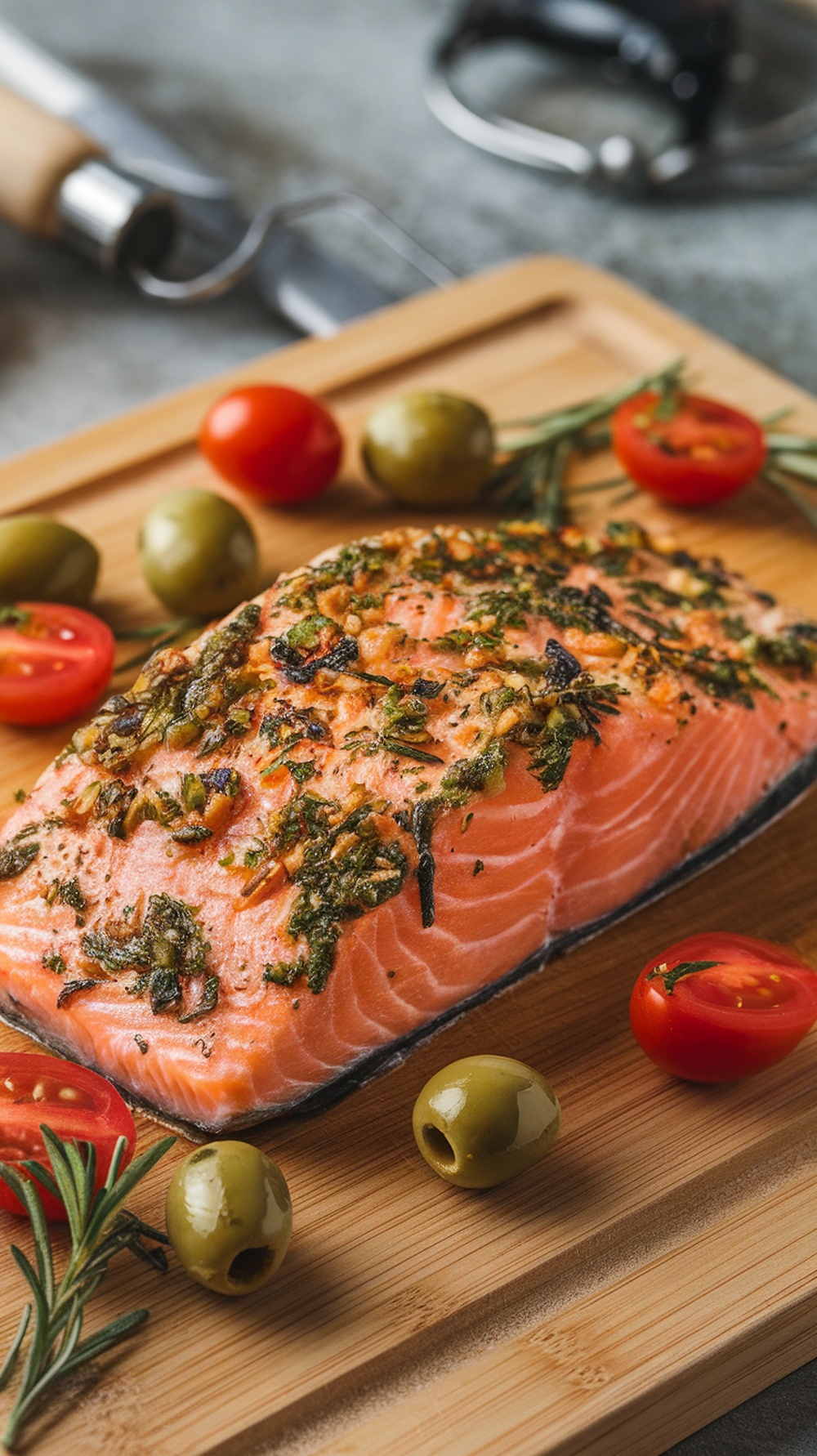 Mediterranean Herb Crusted Salmon with herbs and olives
