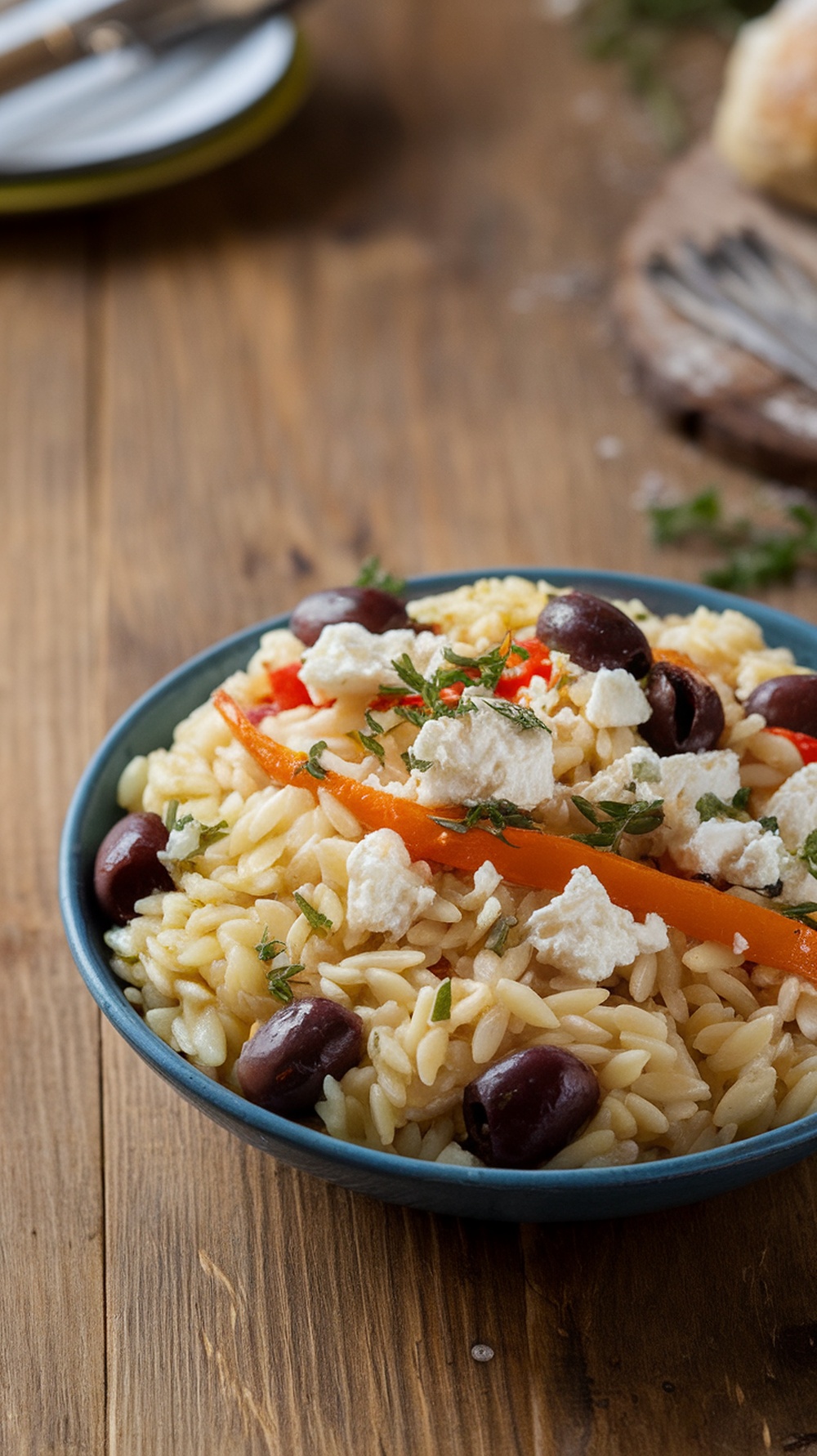 A bowl of Mediterranean Orzo with Feta topped with olives and bell peppers