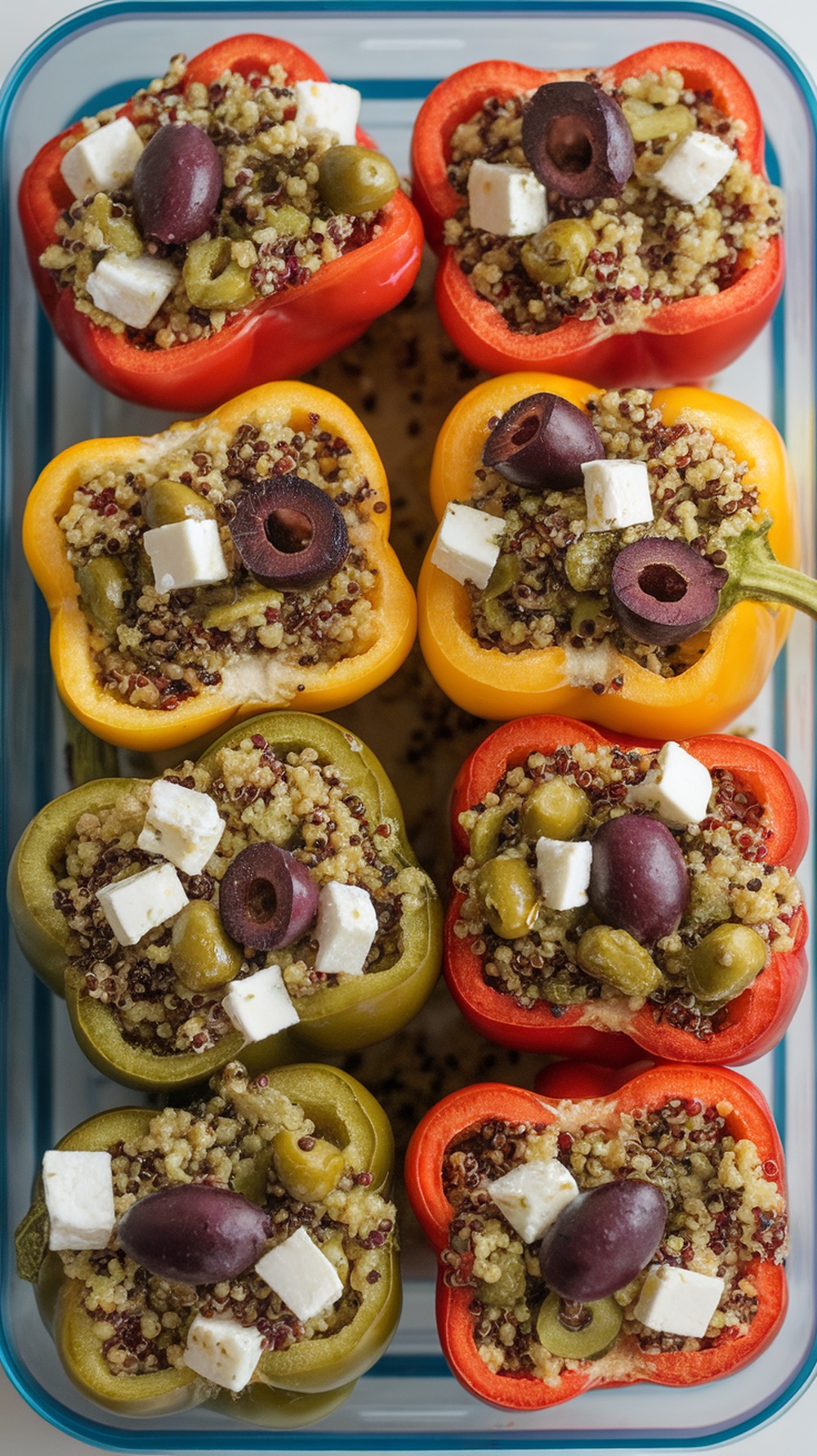 Colorful stuffed bell peppers filled with quinoa, olives, and feta cheese.