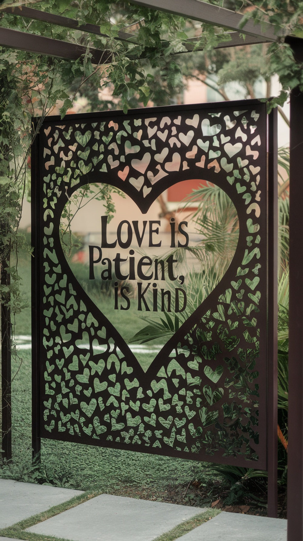 Decorative metal panel with heart shapes and the text 'Love is Patient, is Kind'.