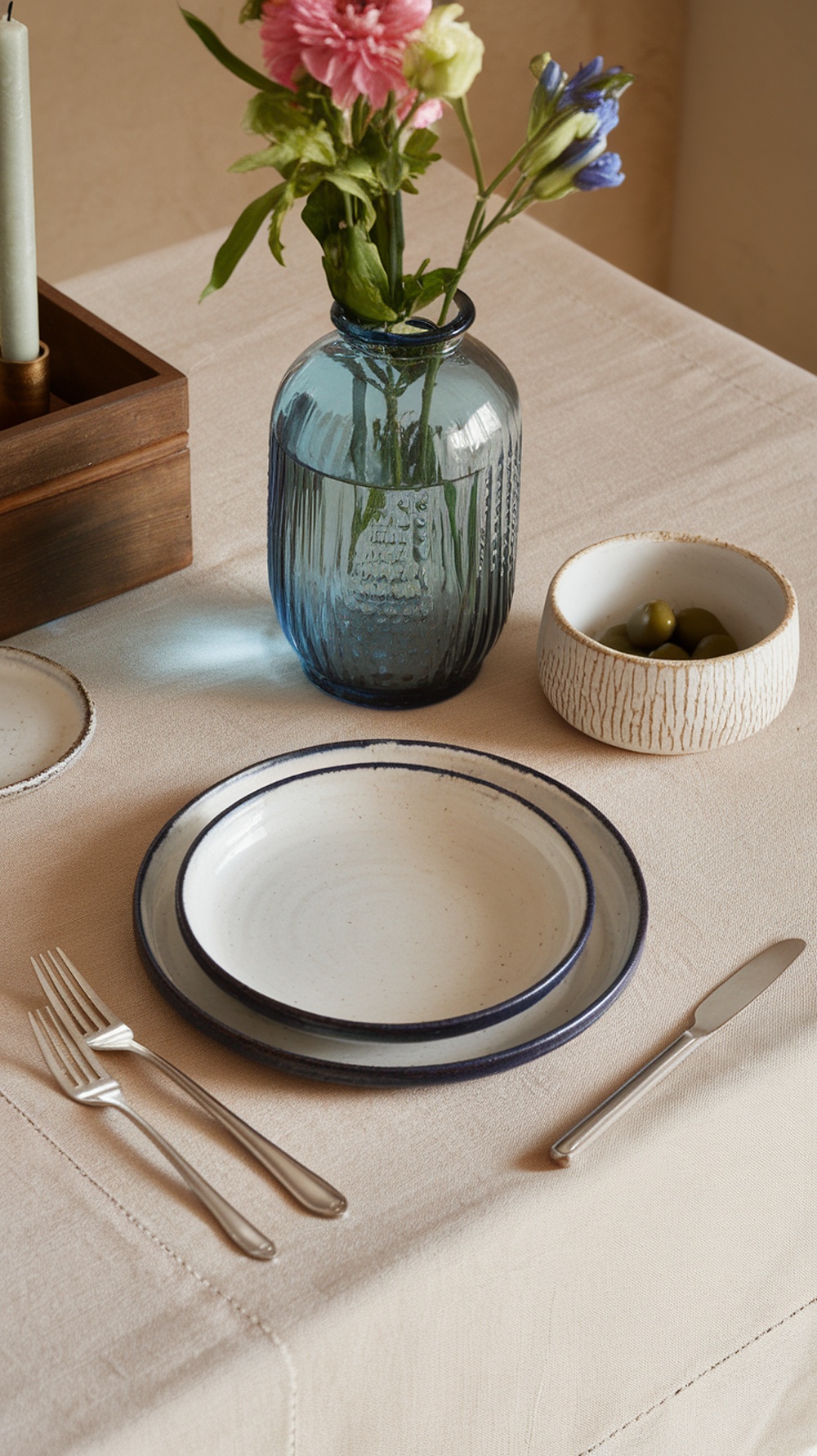 A beautifully set table for spring featuring mixed textures, including a beige tablecloth, a glass vase with flowers, rustic plates, and silverware.