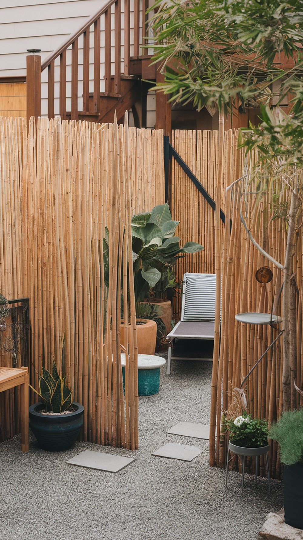 Cozy outdoor space with bamboo fencing, potted plants, and a lounge chair.