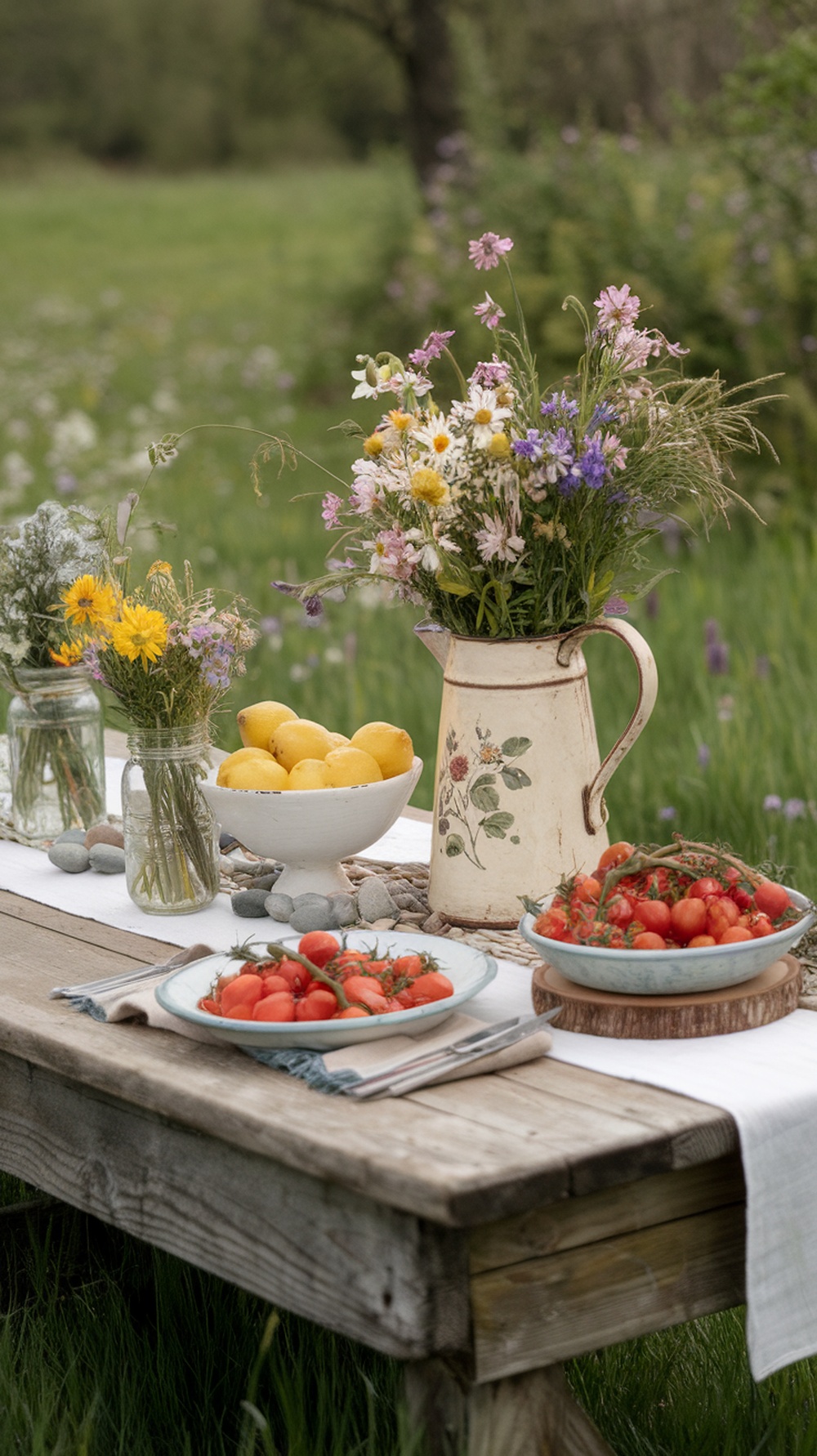 A rustic outdoor table set for spring, featuring flowers, lemons, and fresh tomatoes.