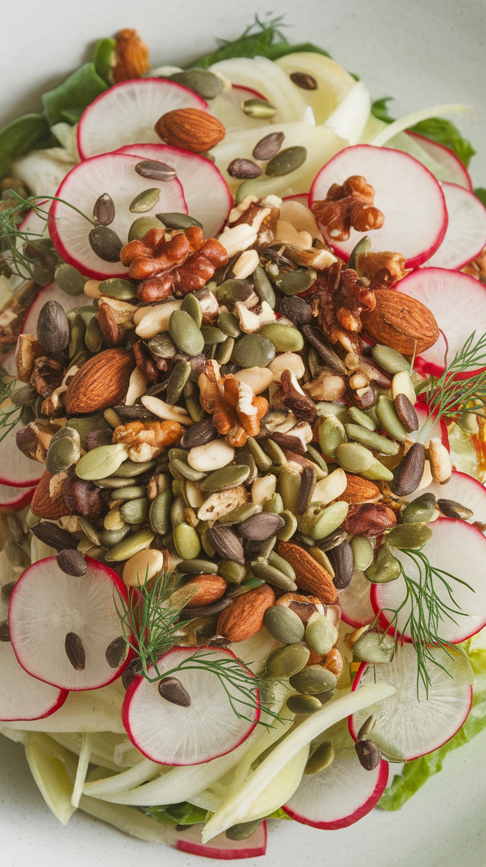 A vibrant radish and fennel salad topped with various nuts and seeds.