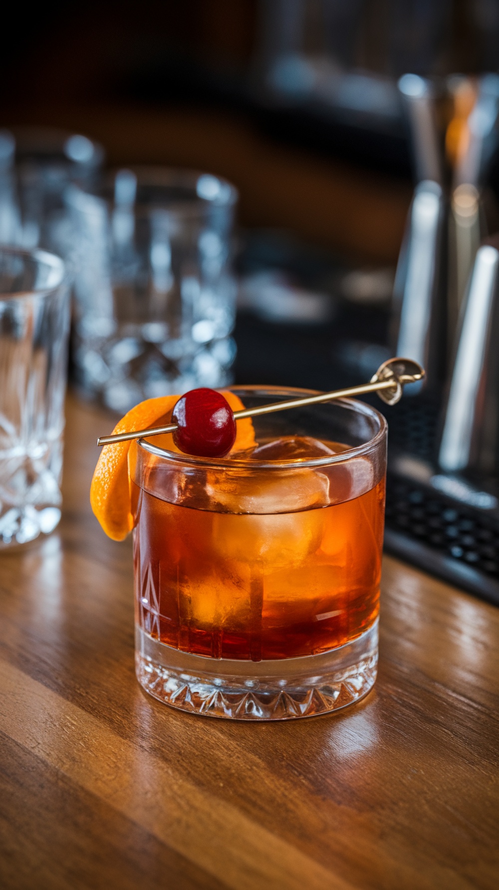A classic Old Fashioned cocktail garnished with an orange peel and cherry served in a rocks glass.
