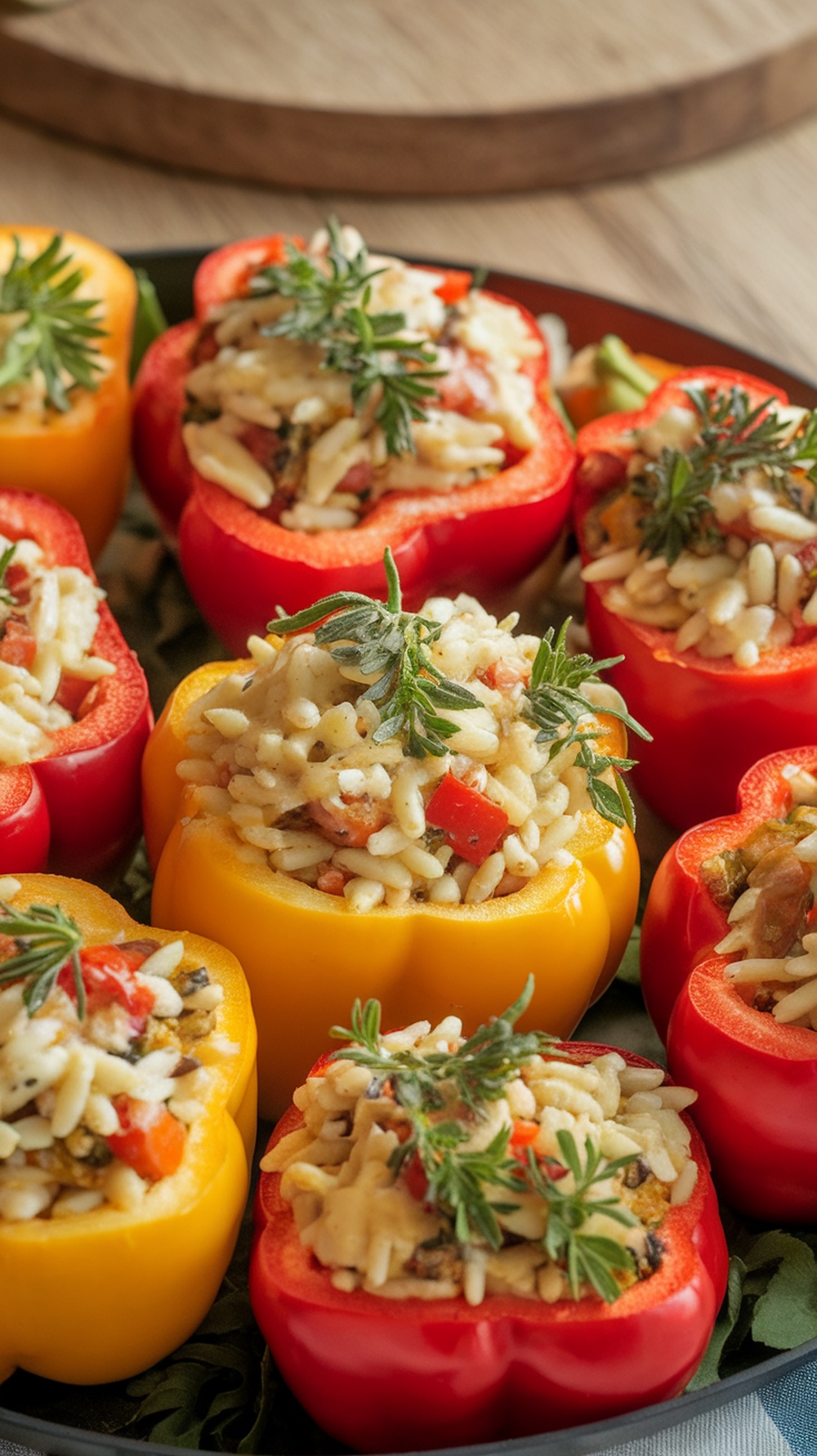 Colorful bell peppers stuffed with orzo and herbs