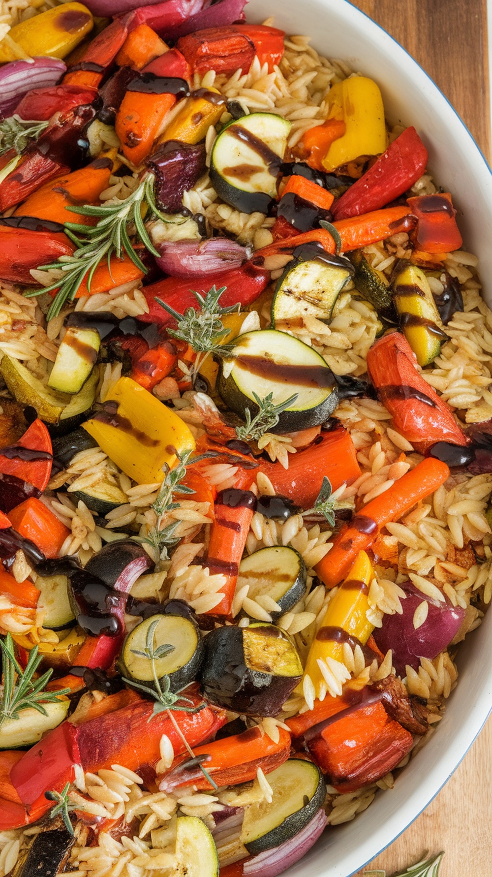 A colorful dish of orzo mixed with roasted vegetables including peppers and zucchini, garnished with herbs.