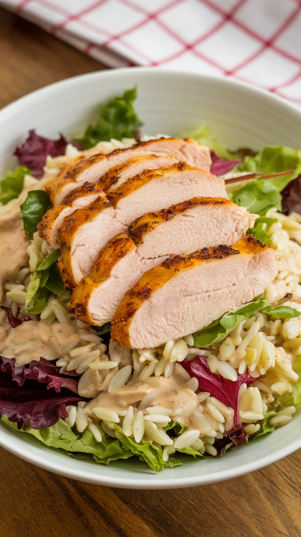 A bowl of orzo salad topped with sliced grilled chicken, mixed greens, and creamy dressing.