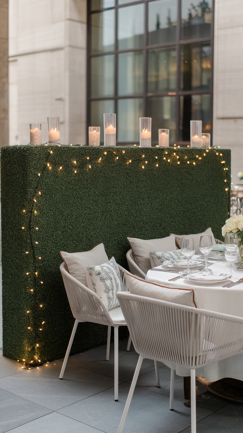 An outdoor dining setup with a faux hedge wall, decorated with lights and candles.