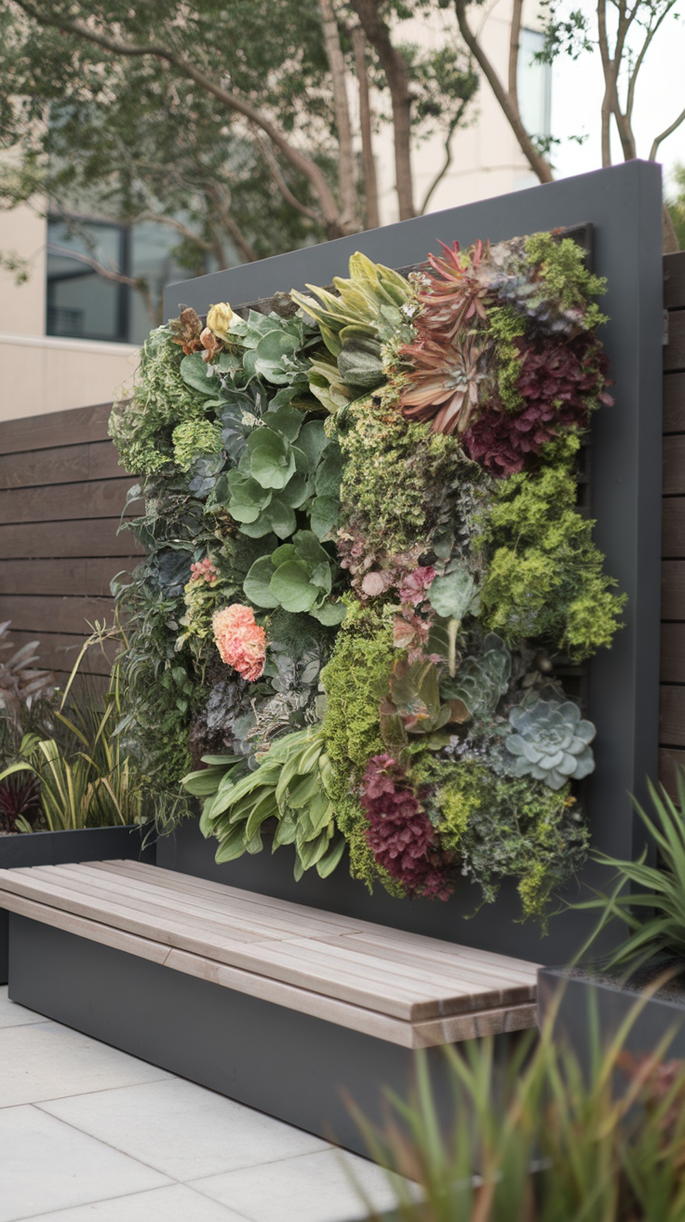 A vibrant living wall filled with various plants, accompanied by a sleek wooden bench.