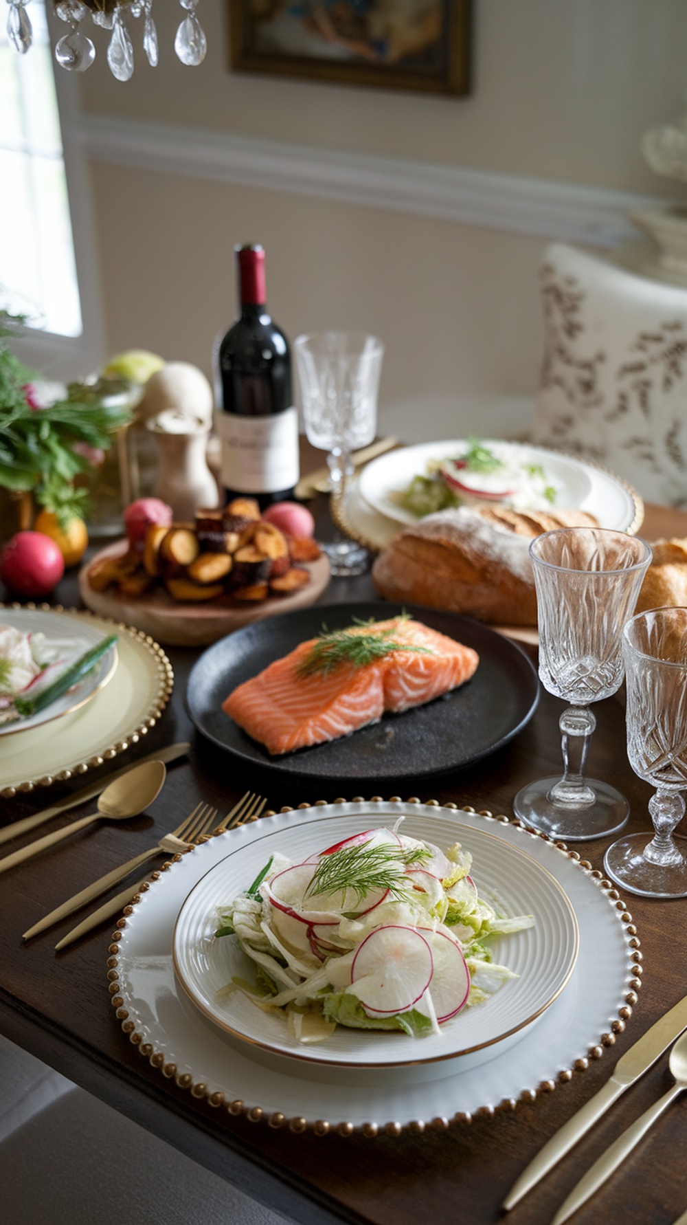 A fresh radish and fennel salad on a beautifully set dining table.
