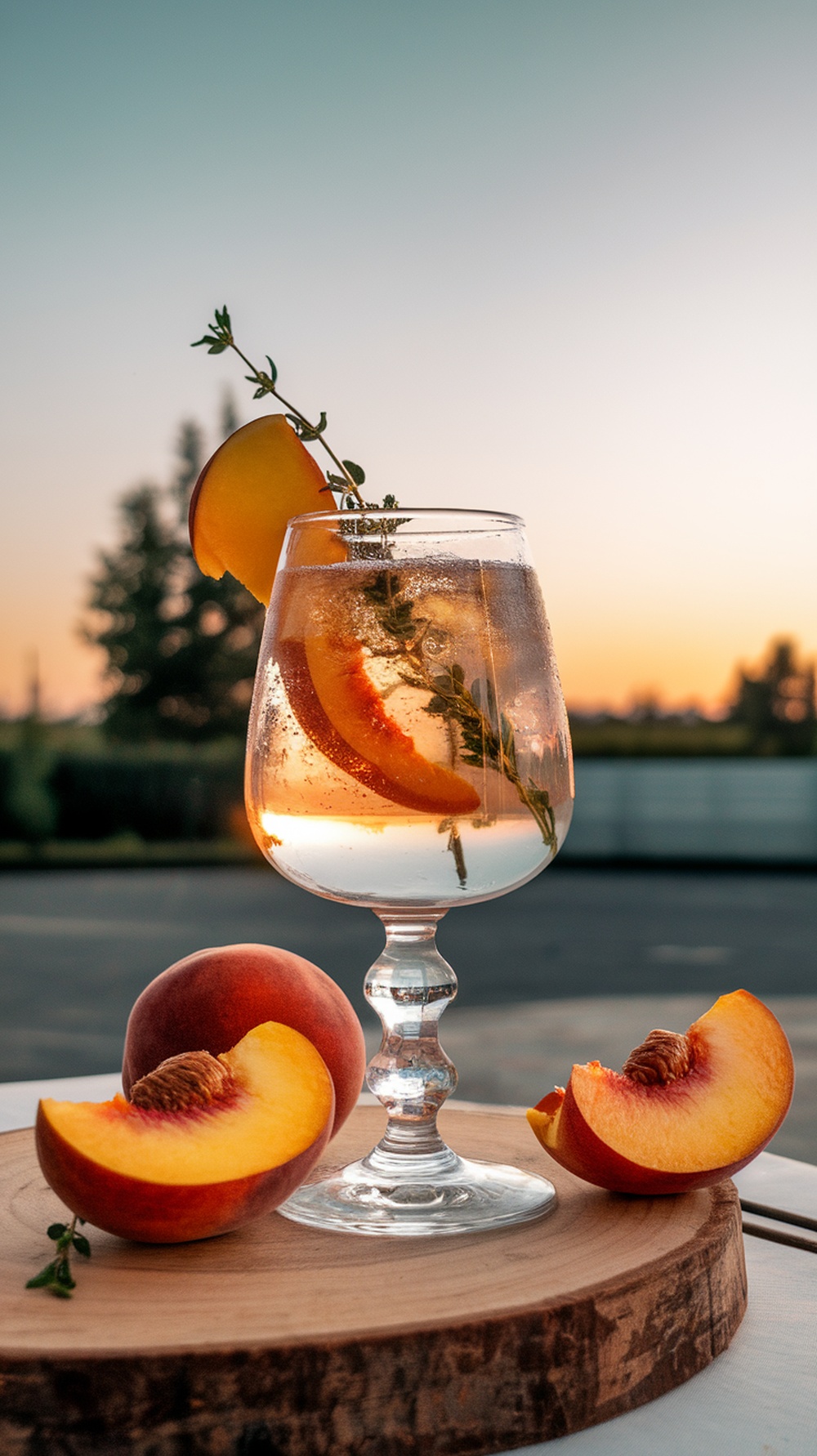 A refreshing Peach Thyme Sparkling Delight drink in a glass with peach slices and thyme garnish, set against a sunset background.