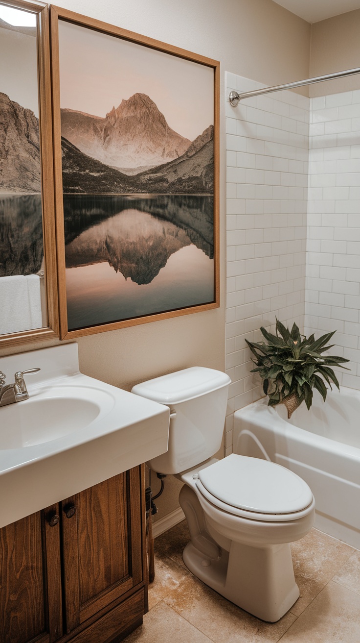 A bathroom with framed artwork on the walls and a round mirror above the sink.