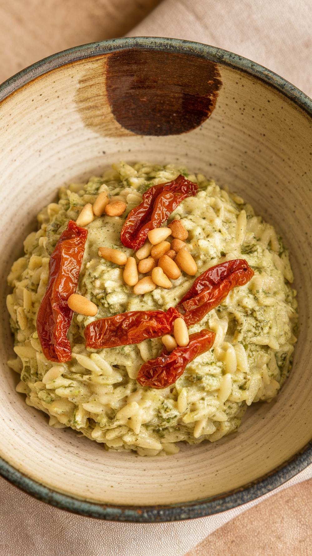 A bowl of Pesto Orzo with sun-dried tomatoes, topped with pine nuts.
