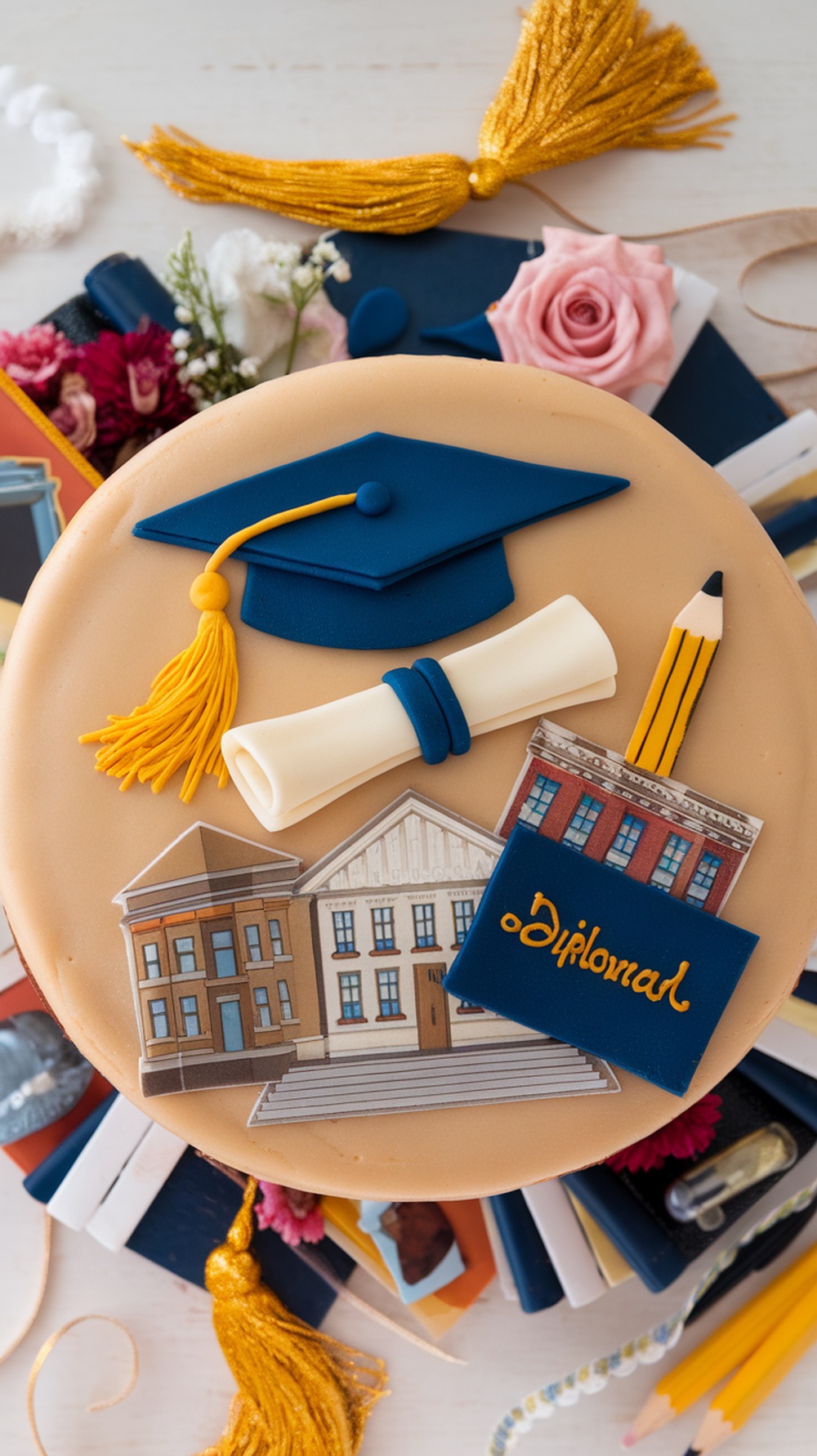 A decorated cake with a graduation theme, featuring a cap, diploma, and school buildings.