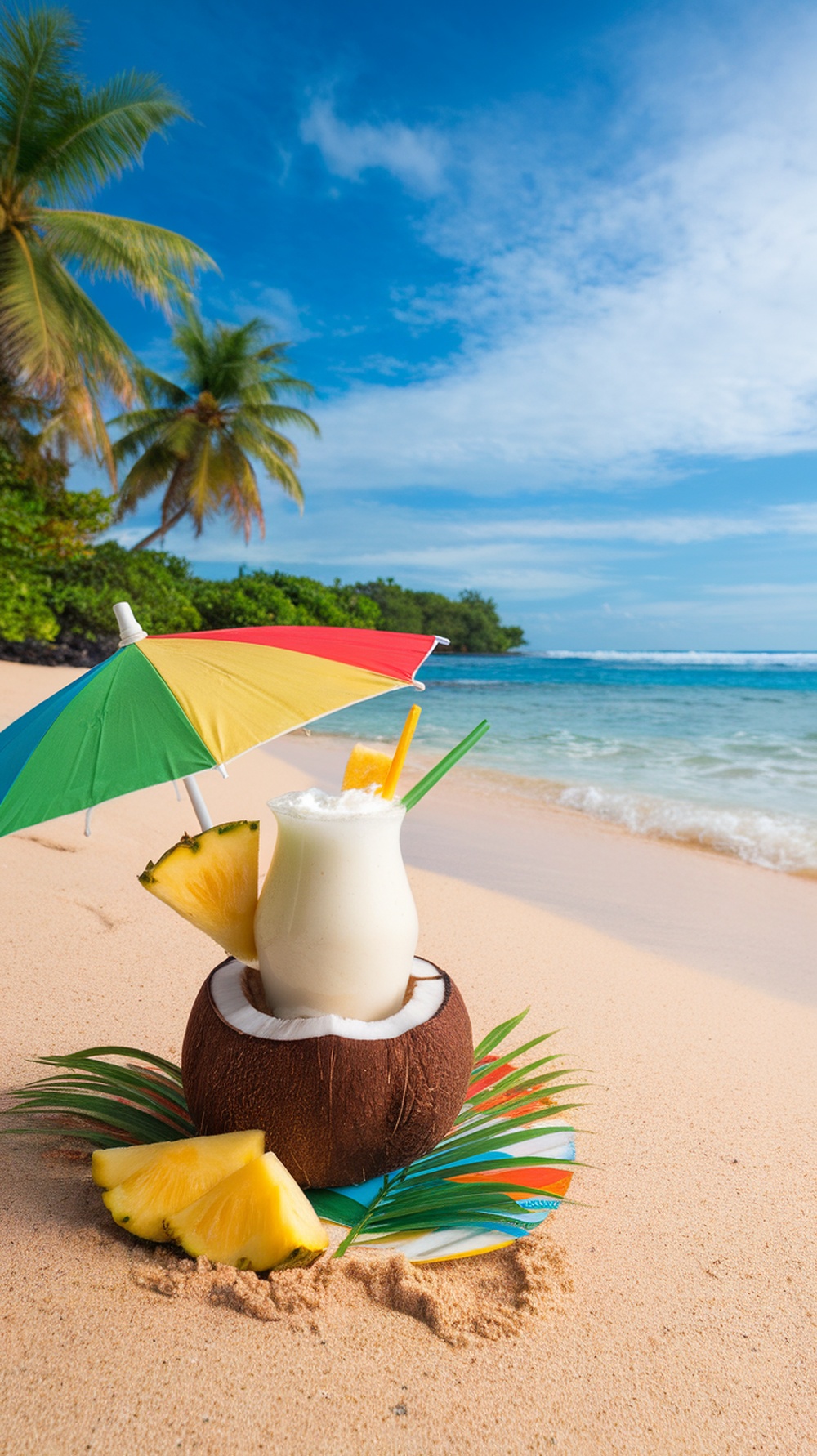 A tropical Pina Colada served in a coconut shell with pineapple and a cherry garnish, set on a sandy beach.