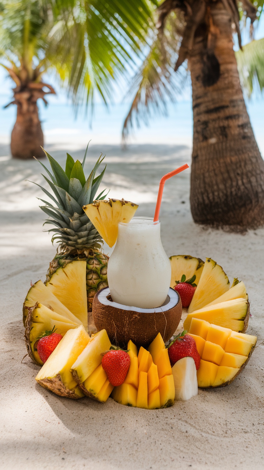 A refreshing Pineapple Coconut Fizz drink in a coconut shell, surrounded by pineapple and mango slices, and strawberries on a sandy beach.