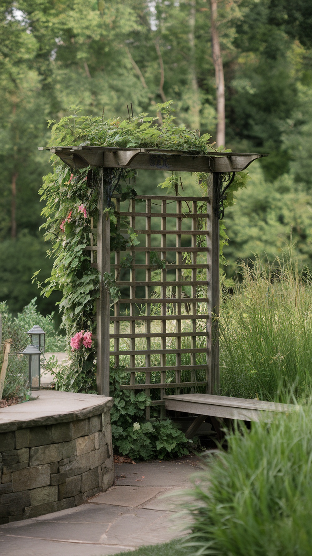 A beautiful wooden trellis covered in greenery and flowers, set in a lush garden.