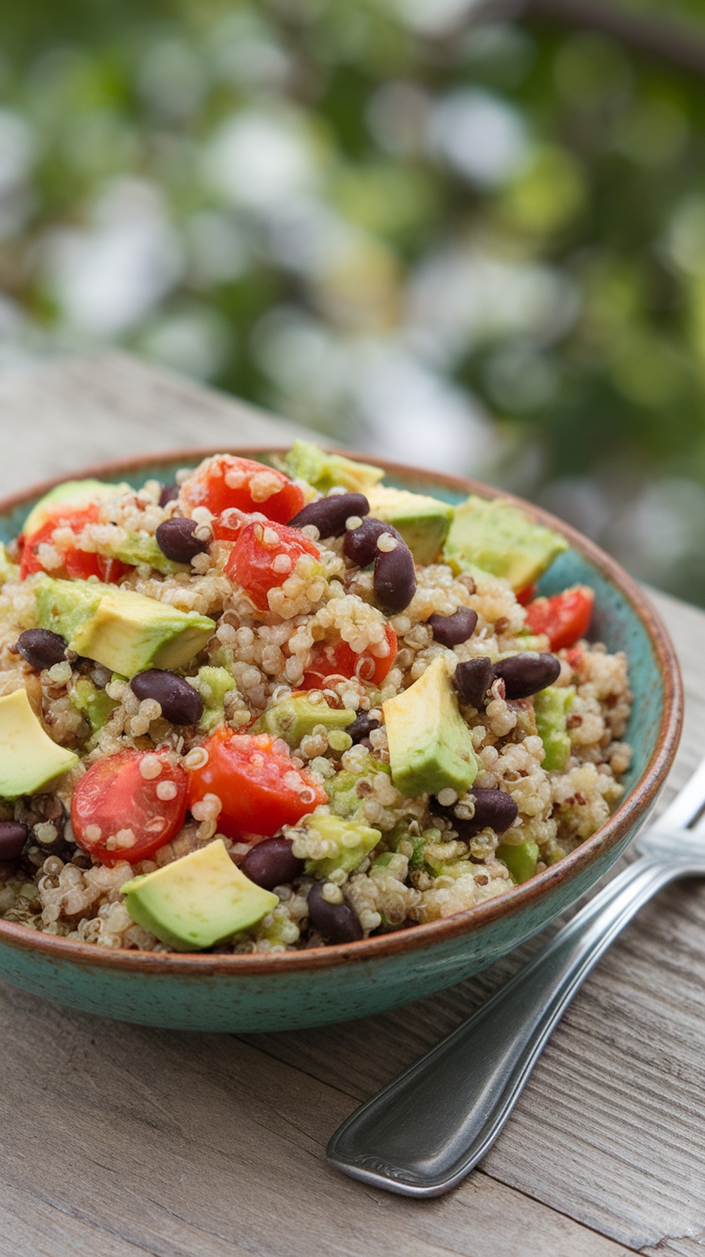 Quinoa salad with black beans, avocado, and tomatoes in a bowl.