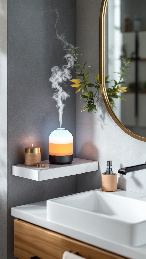 A modern bathroom with a hanging air plant and a clean aesthetic.