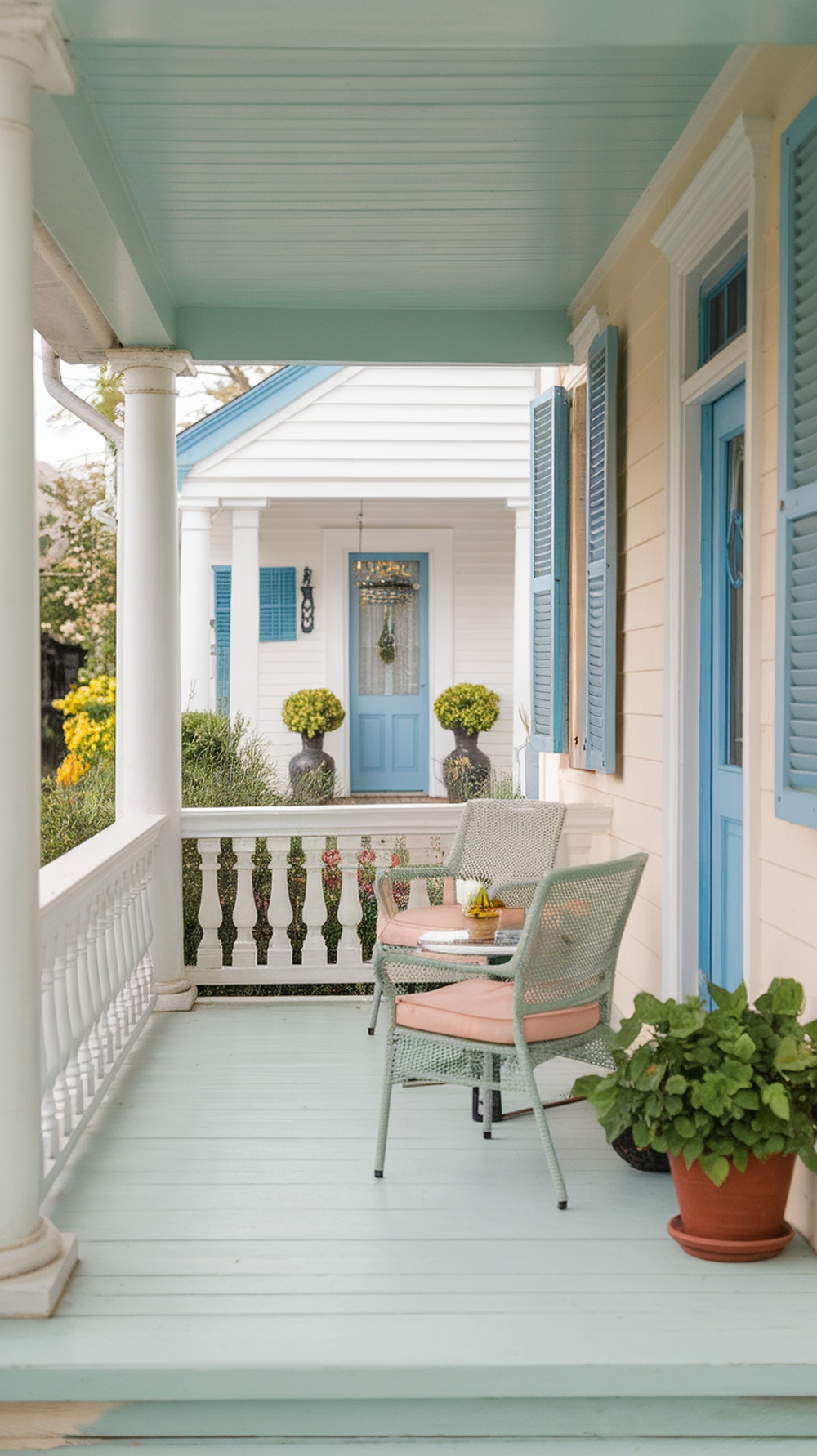 A small porch with a light blue ceiling, blue door, and comfortable seating, surrounded by plants.