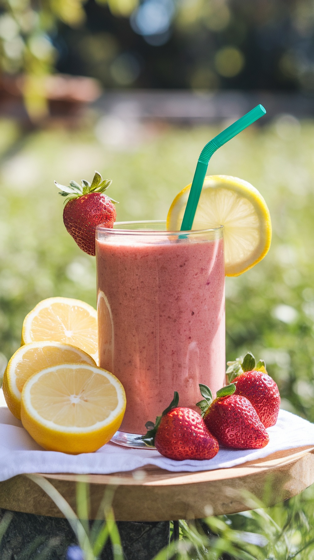 A refreshing strawberry lemonade protein shake garnished with strawberries and lemon slices.