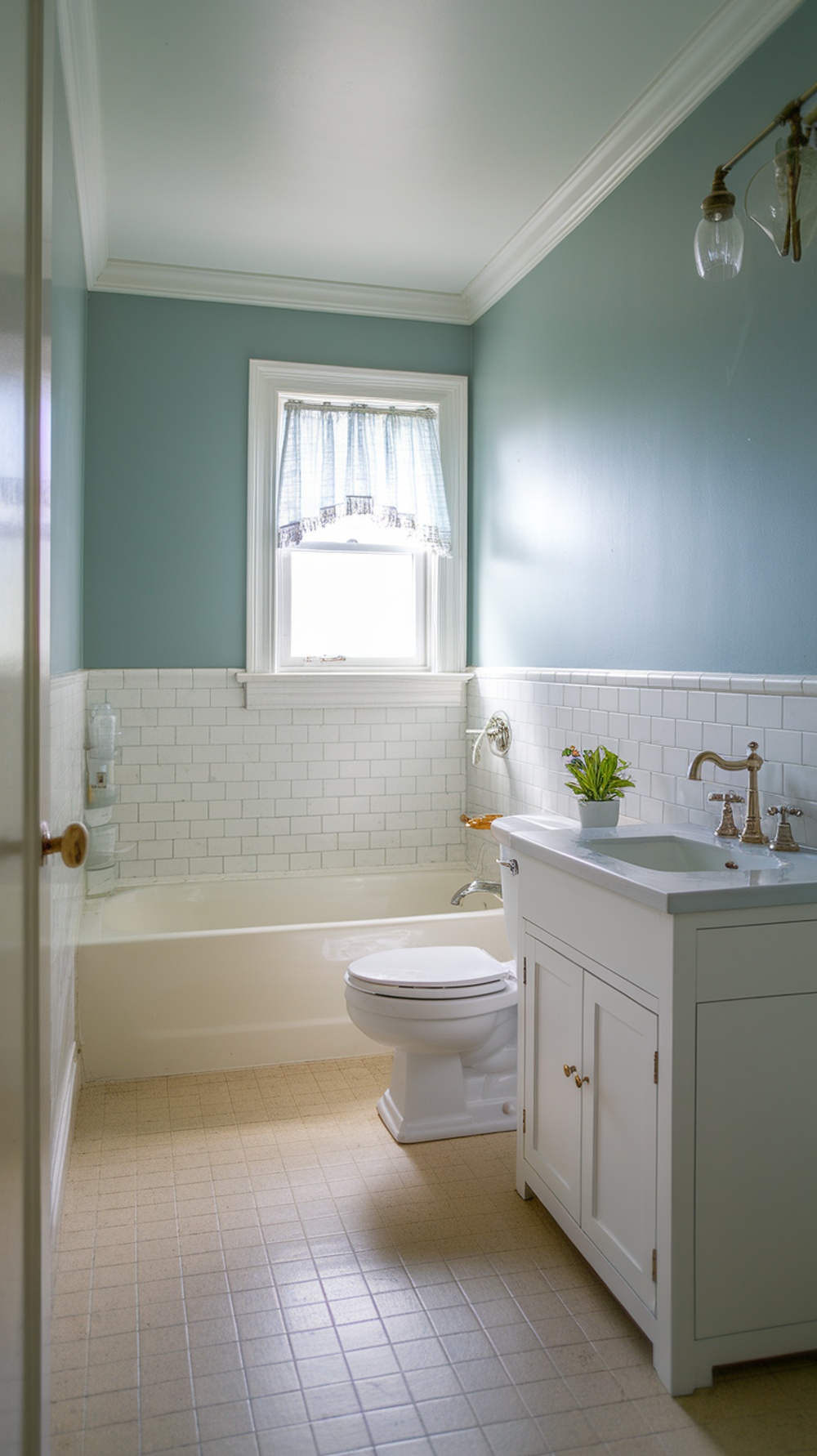 A light blue bathroom with a white vanity and a bathtub.