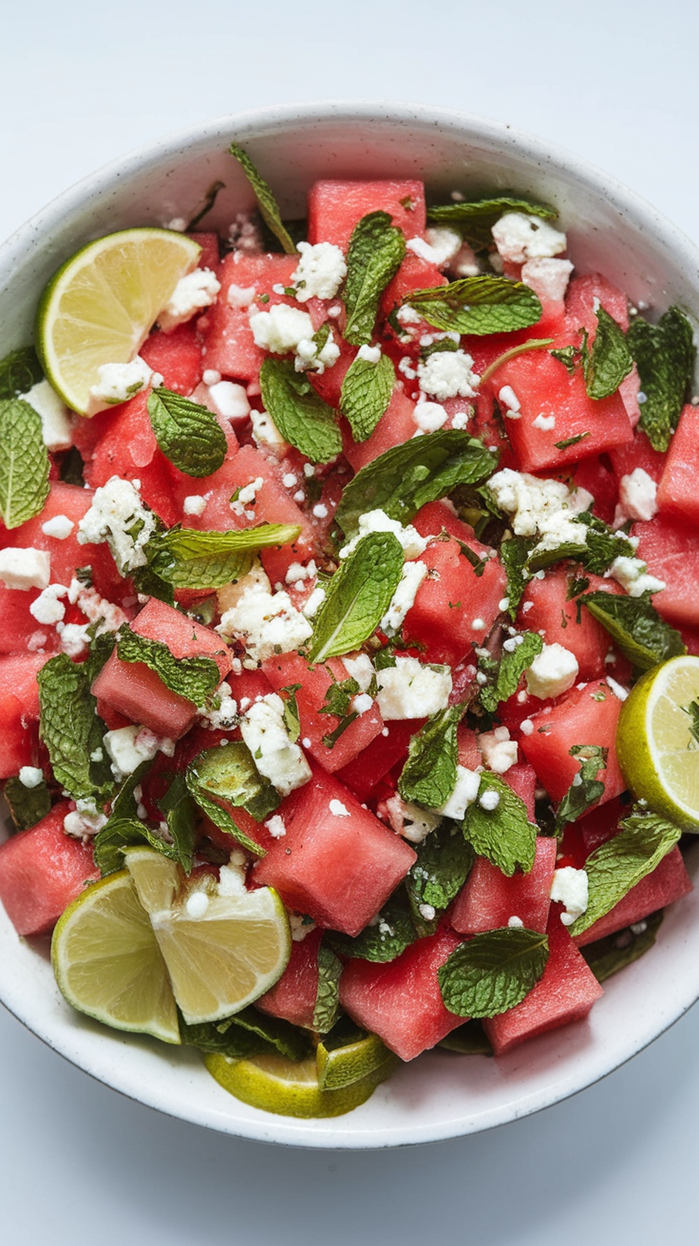A vibrant watermelon and feta salad with mint and lime
