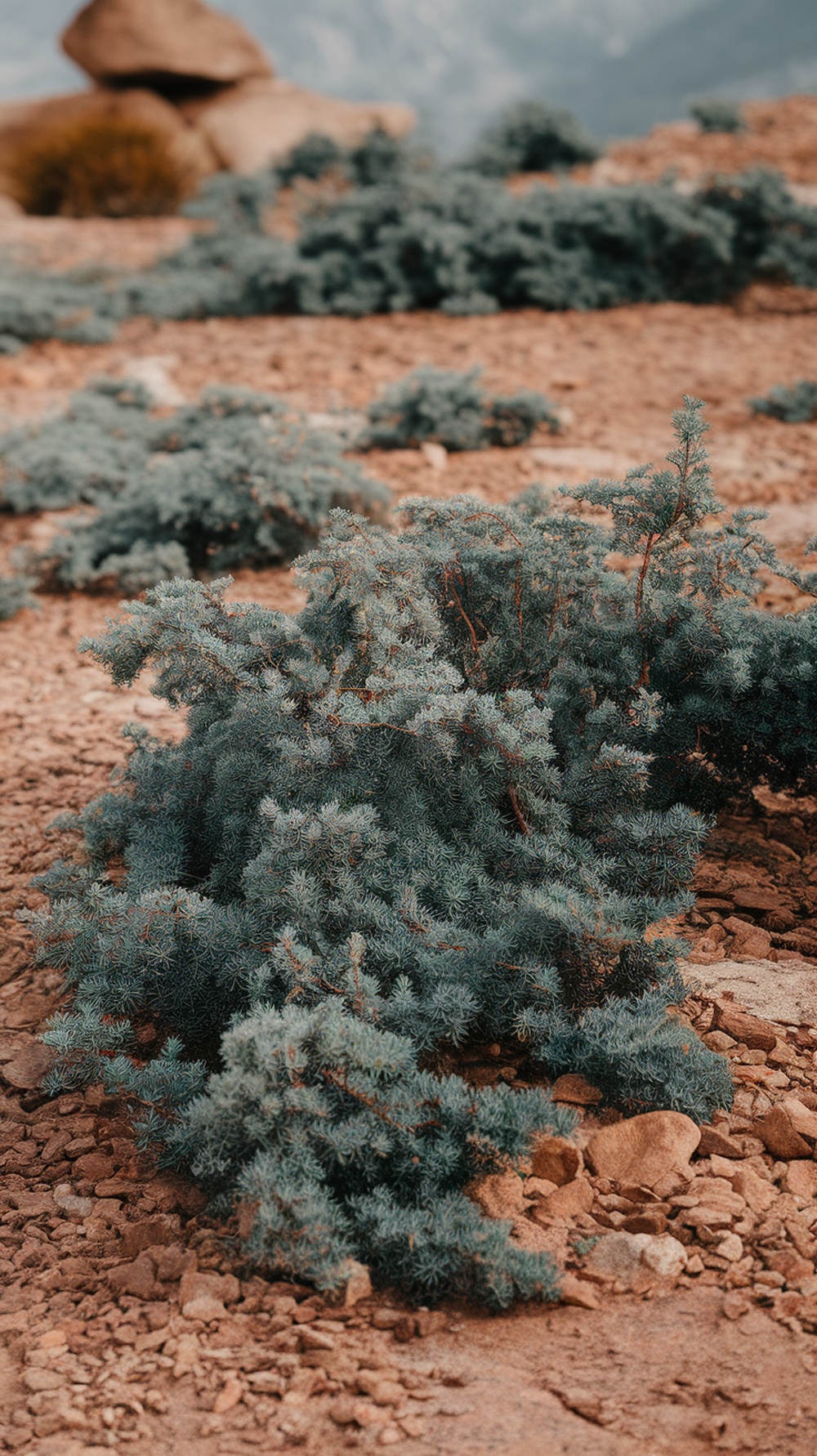 A close-up of creeping juniper plants spread across rocky terrain.