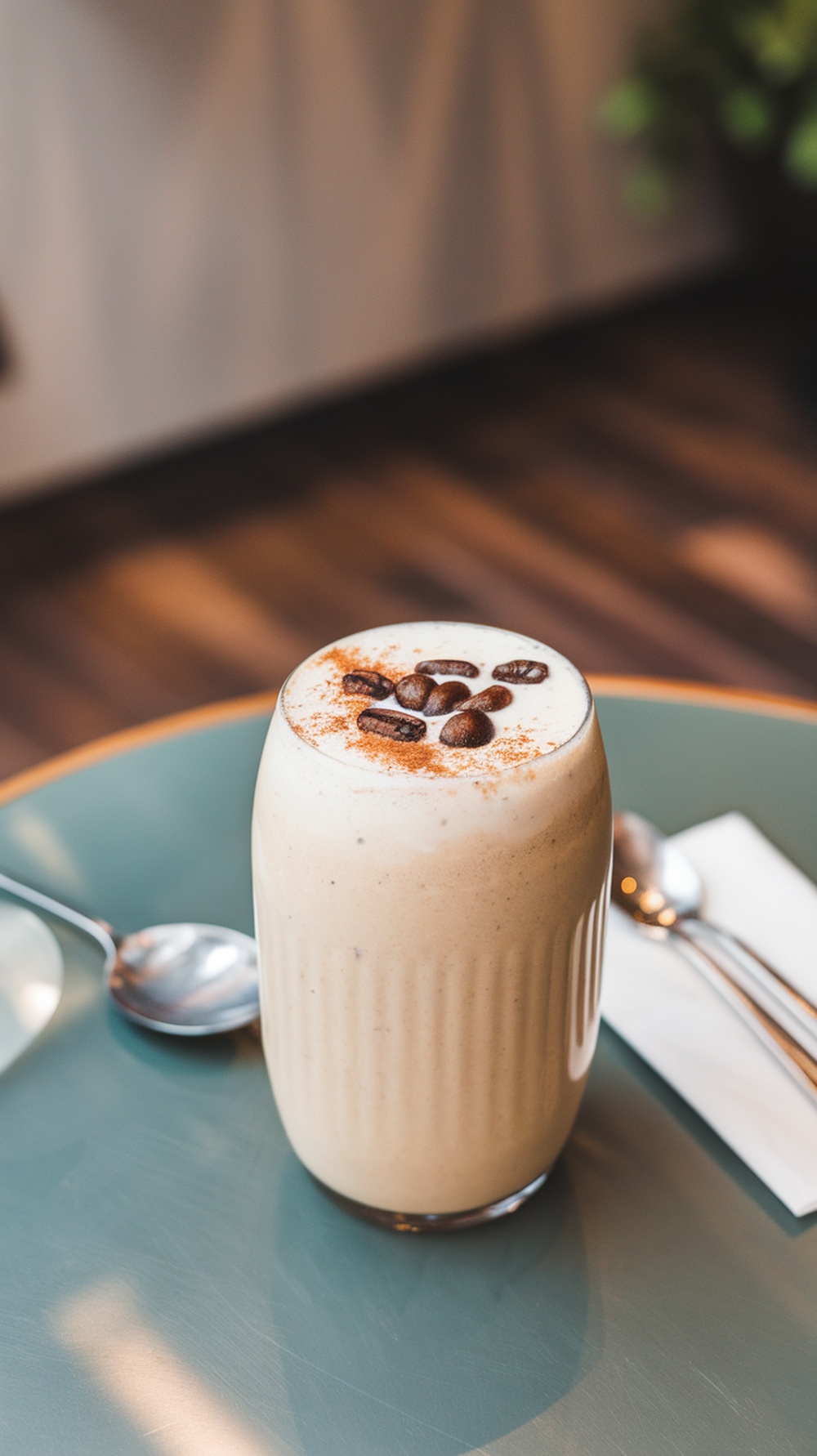 A delicious looking protein smoothie topped with coffee beans and cinnamon.